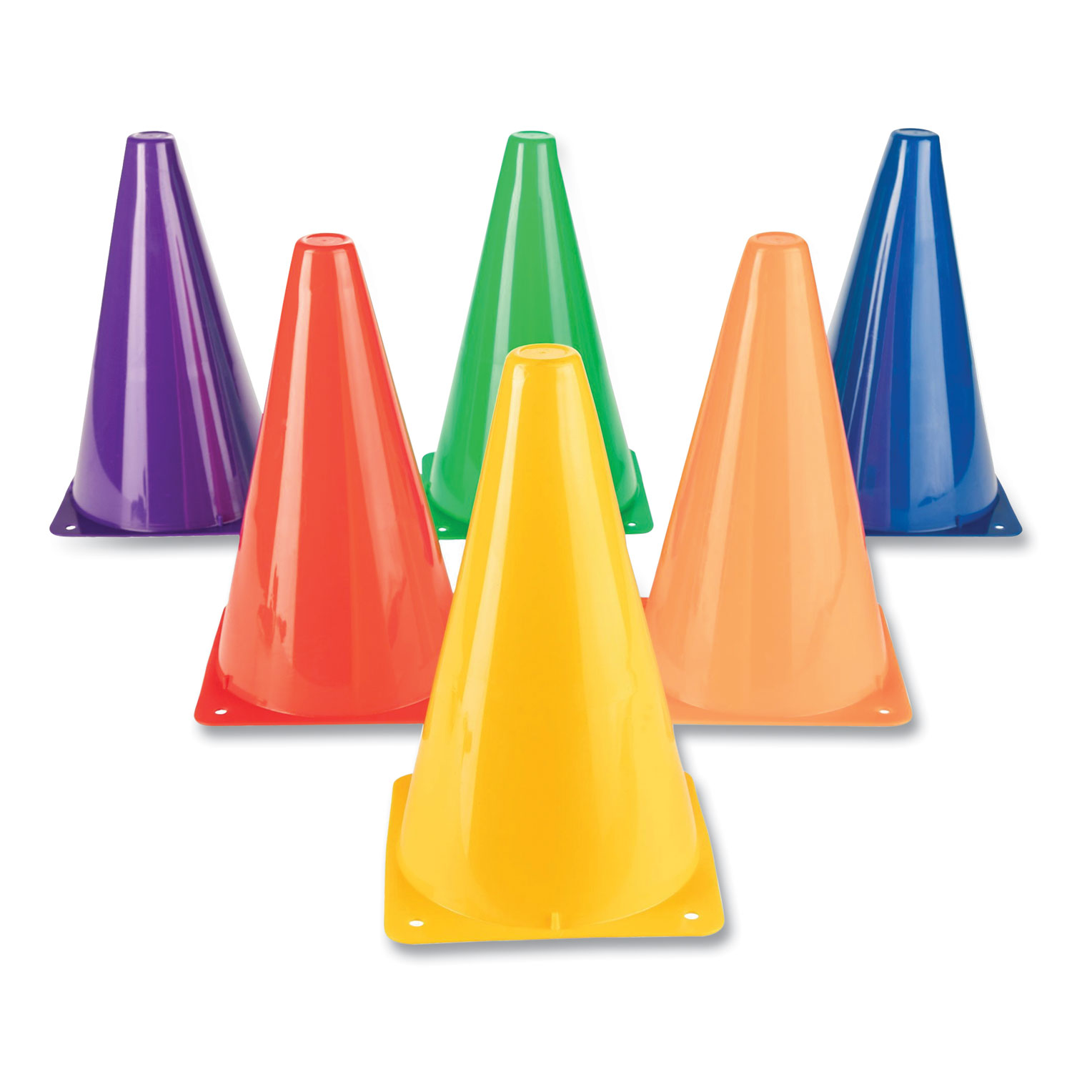 High-Visibility Plastic Cones, 9″ Tall, Assorted Colors, 5″ x 5″ Base, 6/Set