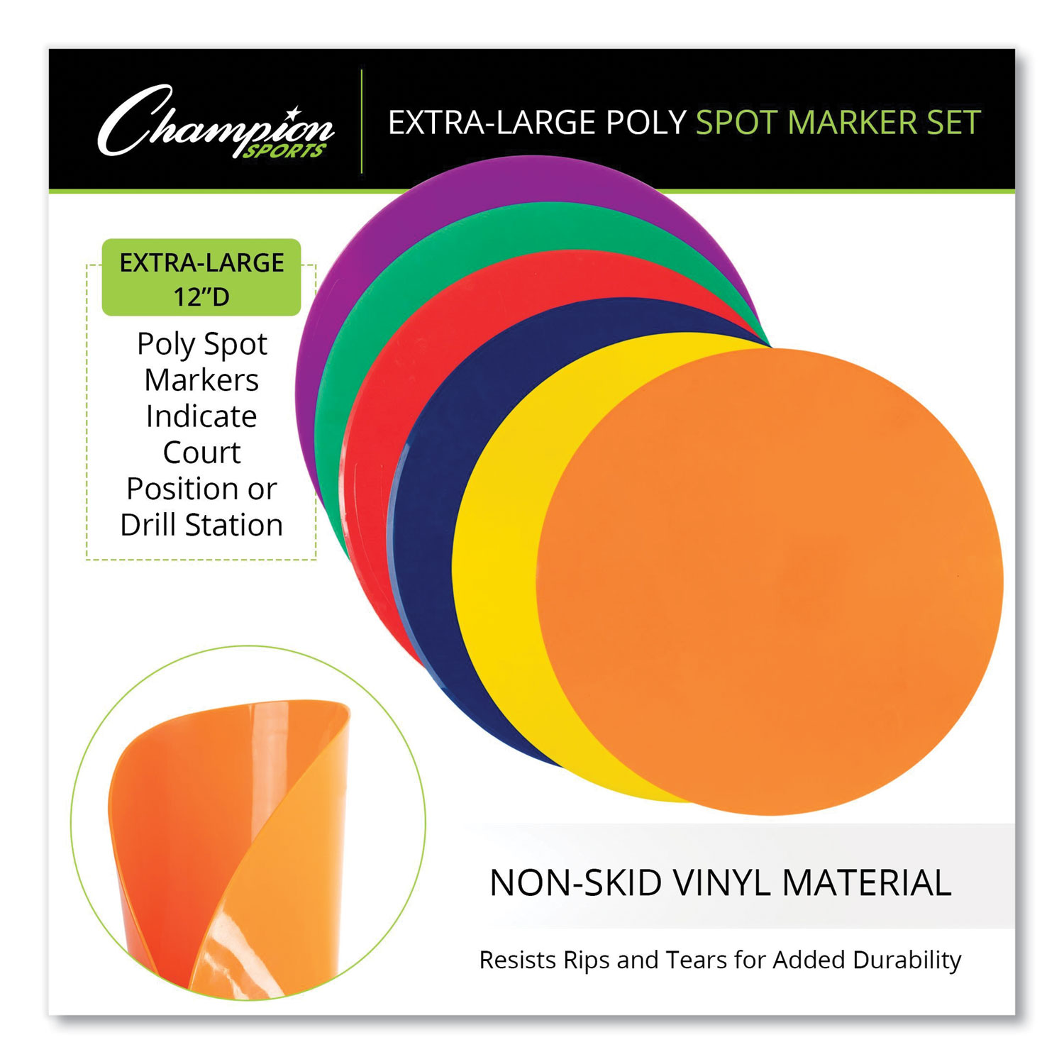 Champion Sports Extra Large Poly Marker Set, 12 Diameter, Assorted Colors, 6 Spots-set