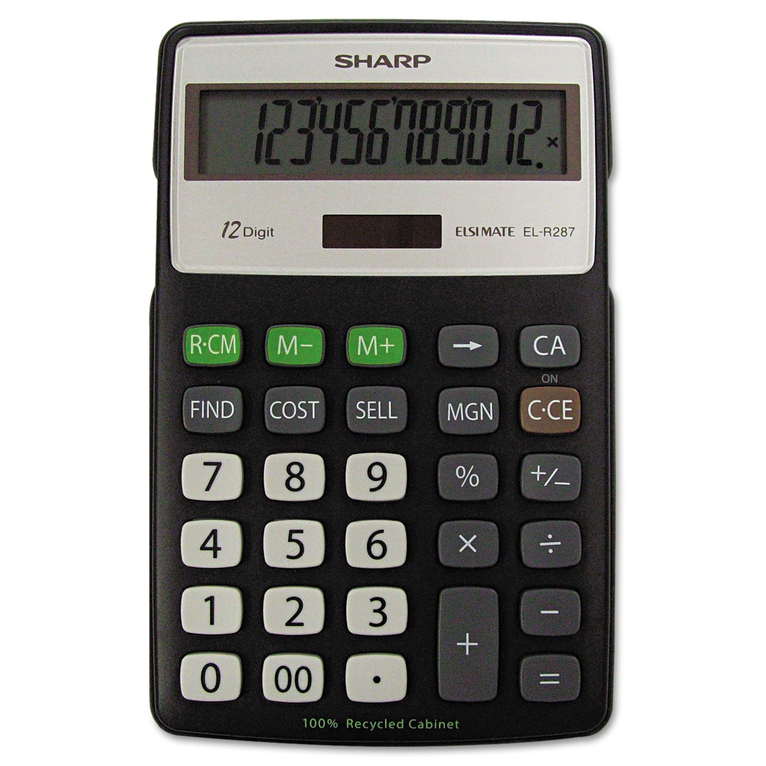 EL-R287BBK Recycled Series Calculator w/Kickstand, 12-Digit LCD