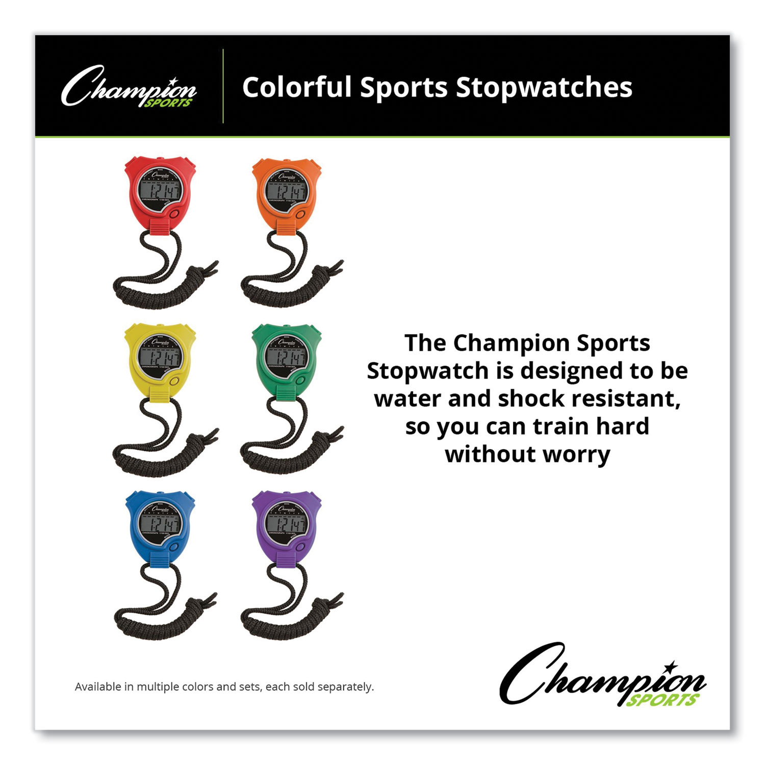 Water Resistant Stopwatches Accurate to 1 100 Second Assorted Colors 6 Box Stopwatches Champion Sports