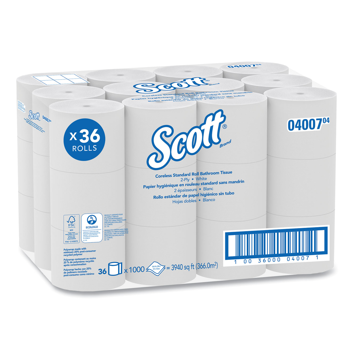 Essential Coreless SRB Bathroom Tissue, Septic Safe, 2-Ply, White, 1,000 Sheets/Roll, 36 Rolls/Carton