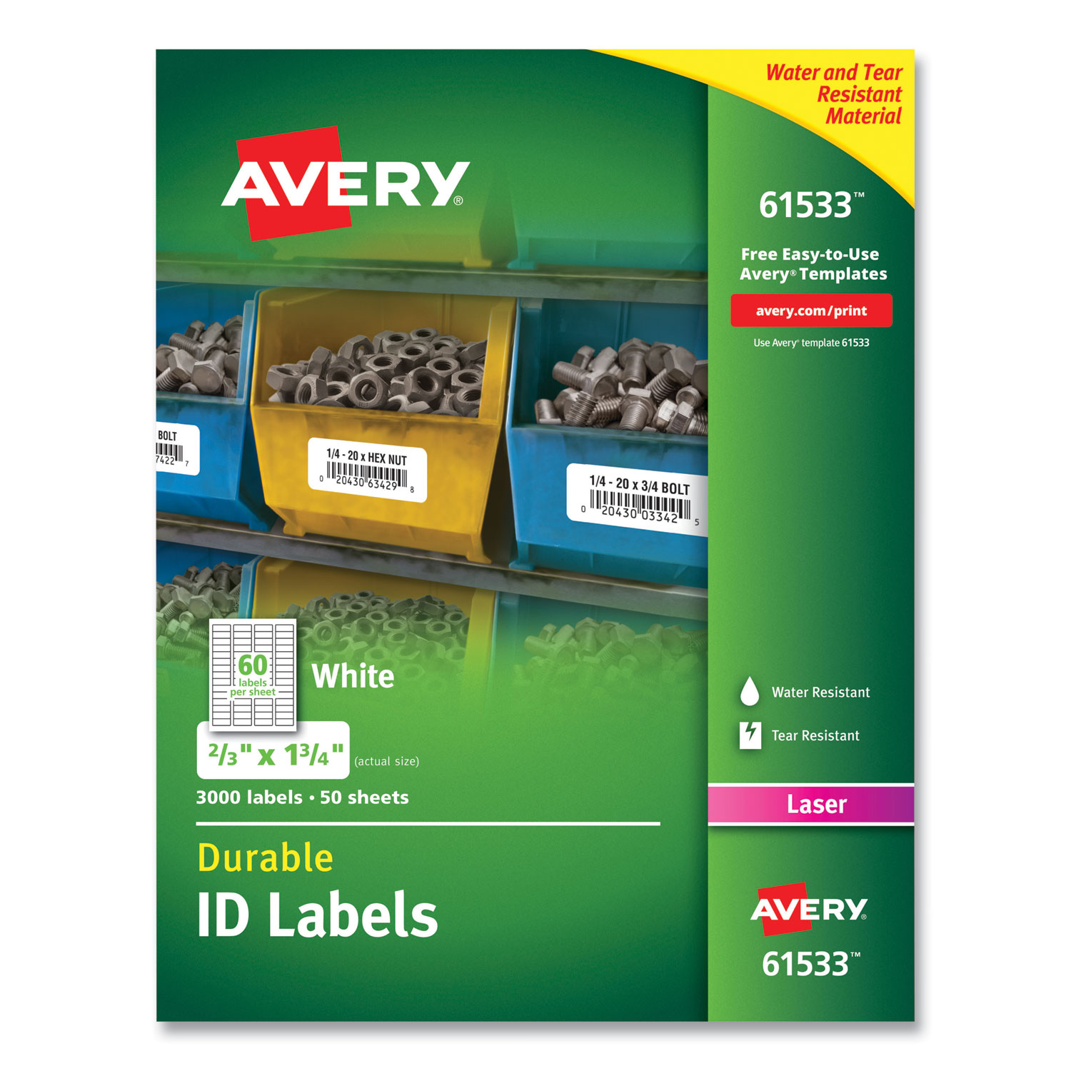 Durable Permanent ID Labels with trueBlock Technology, Laser Printers, 0.66 x 1.75, White, 60/Sheet, 50 Sheets/Pack