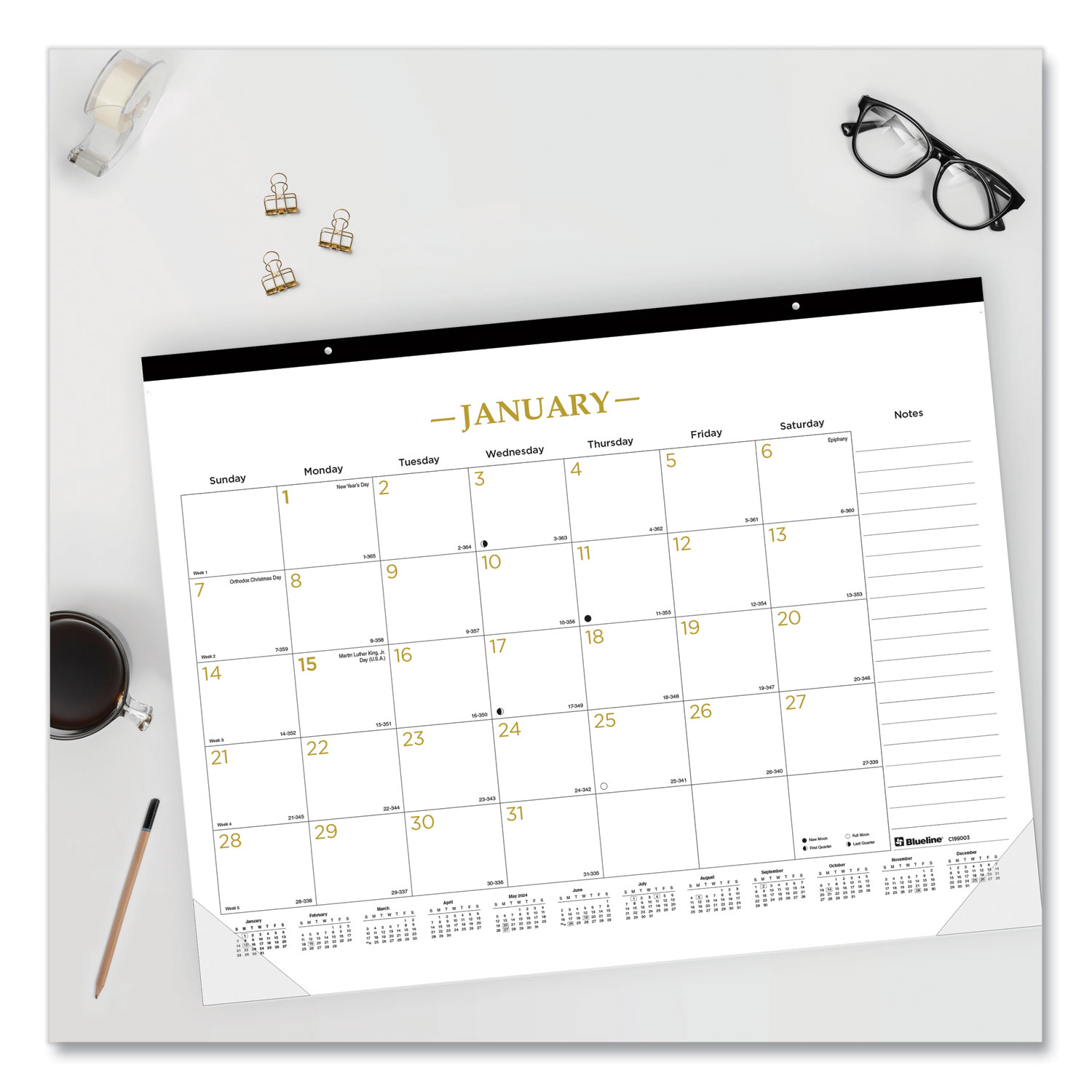 gold-collection-monthly-desk-pad-calendar-22-x-17-white-sheets-black-headband-clear-corners-12-month-jan-to-dec-2025-alphapointe