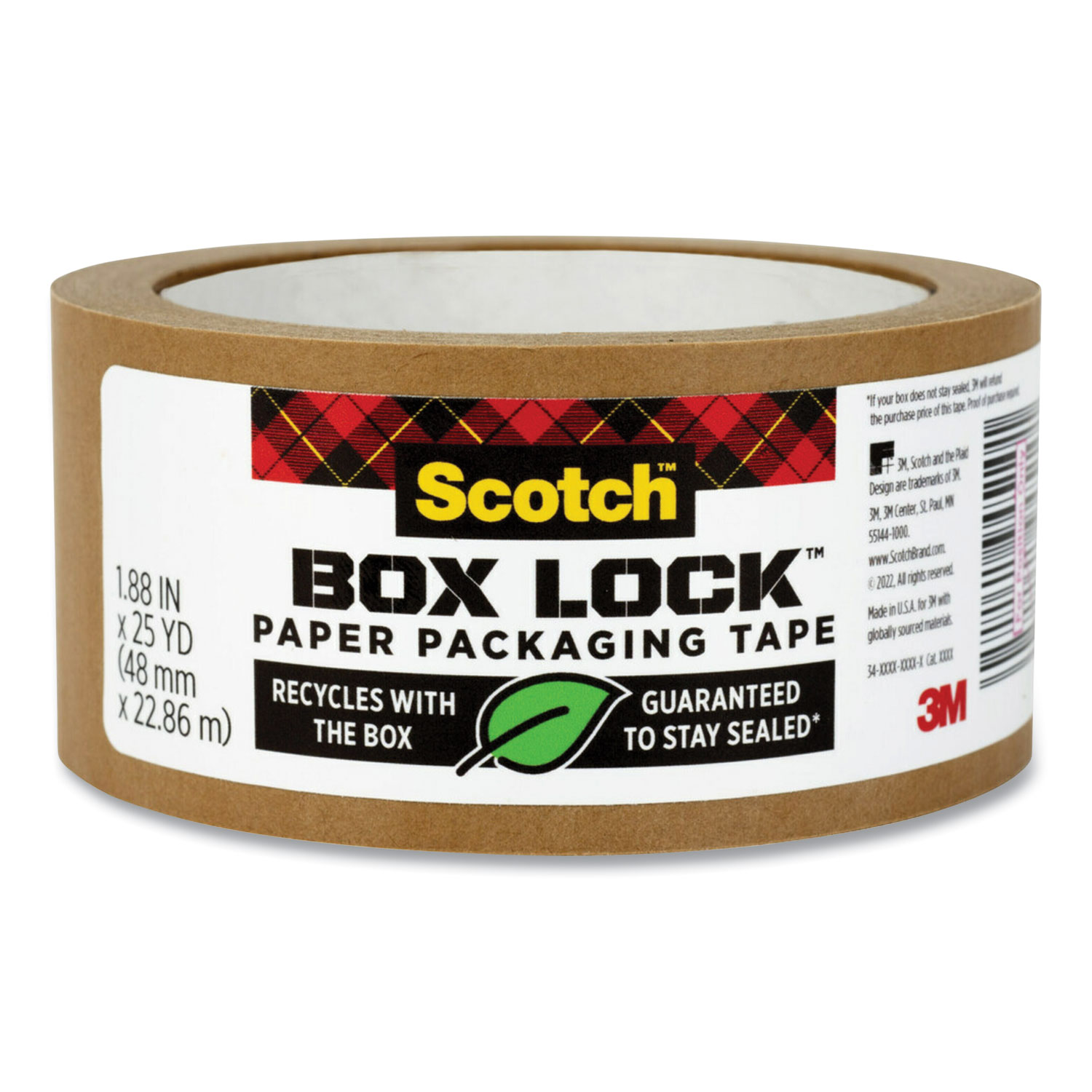 Scotch® Box Lock Paper Packaging Tape, 3 Core, 1.88 x 25 yds, Brown