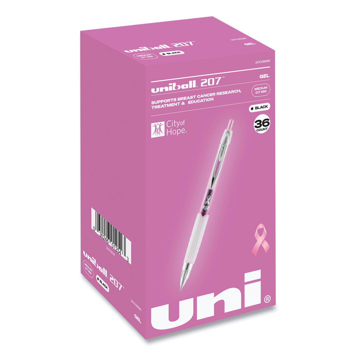 Uni-Ball Signo 207 Gel Pen, Retractable, Medium 0.7 mm, Black Ink, Pink Barrel, 2/Pack