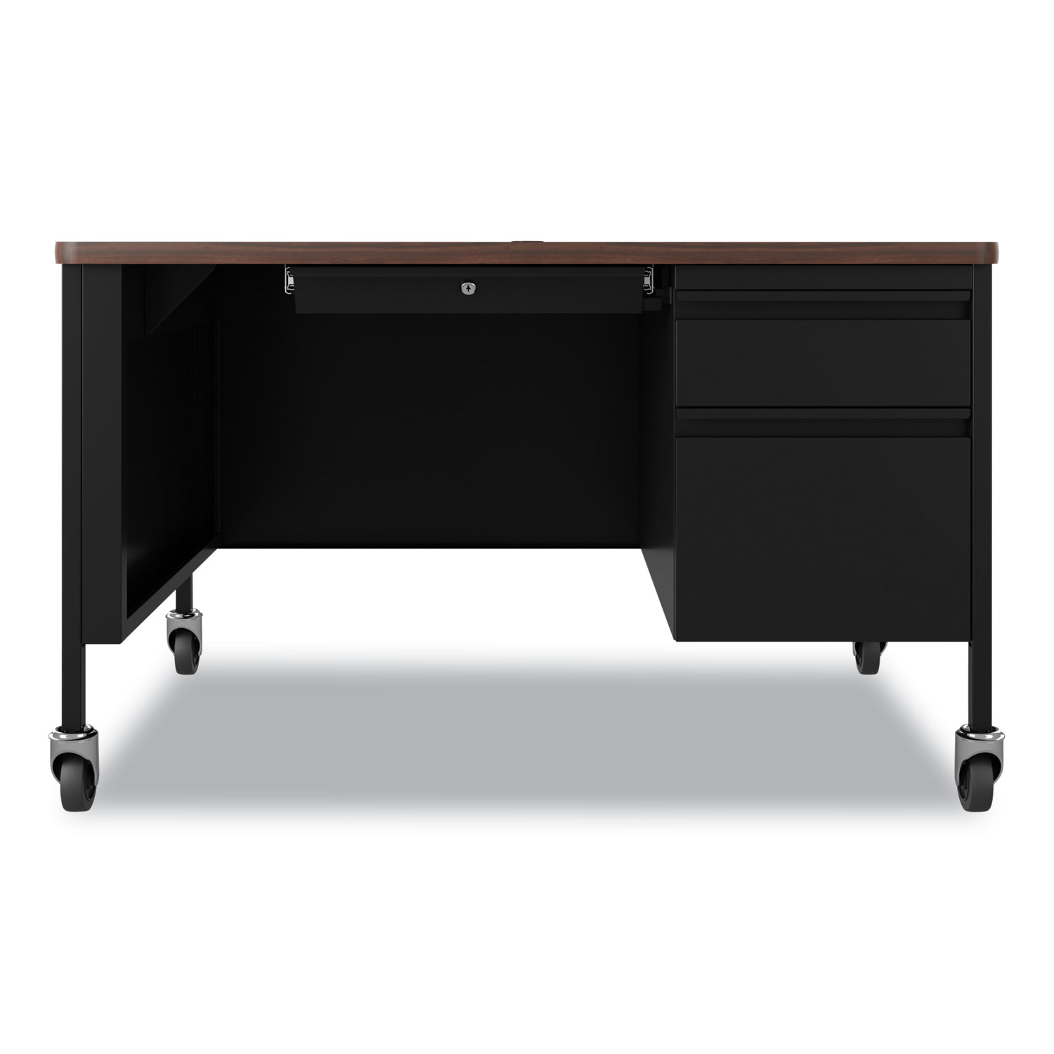 Mobile Teachers Pedestal Desks, Right-Hand Pedestal: Box/File Drawers, 48″ x 30″ x 29.5″, Walnut/Black