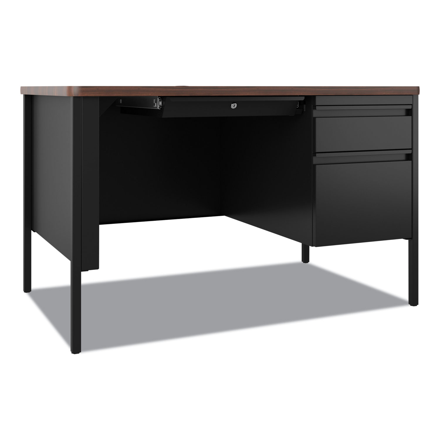 Teachers Pedestal Desks, One Right-Hand Pedestal: Box/File Drawers, 48″ x 30″ x 29.5″, Walnut/Black