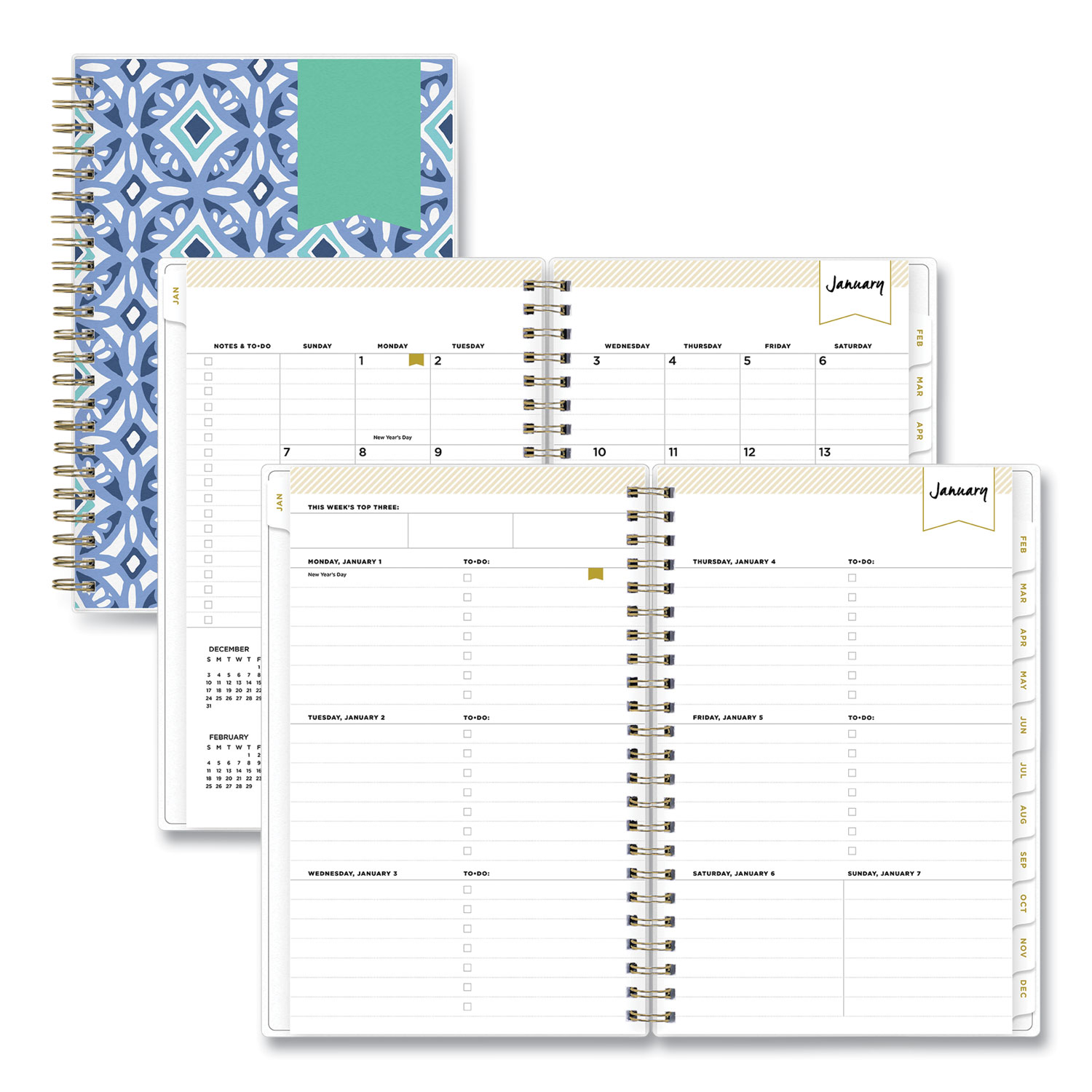 Day Designer Tile Weekly/Monthly Planner, Tile Artwork, 8 x 5, Blue/White  Cover, 12-Month (Jan to Dec): 2024