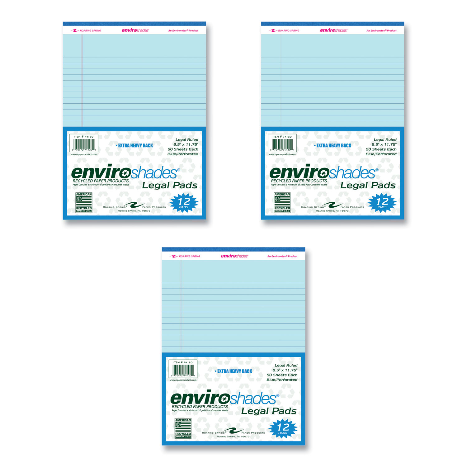 Roaring Spring® Enviroshades Legal Notepads, 50 Blue 8.5 x 11.75 Sheets, 72 Notepads/Carton