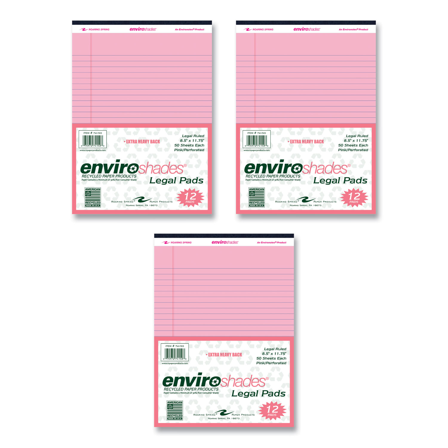 Roaring Spring® Enviroshades Legal Notepads, 50 Pink 8.5 x 11.75 Sheets, 72 Notepads/Carton