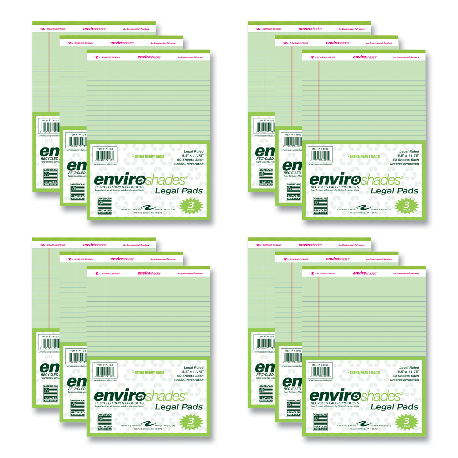 Enviroshades Legal Notepads, 50 Green 8.5 x 11.75 Sheets, 72 Notepads/Carton