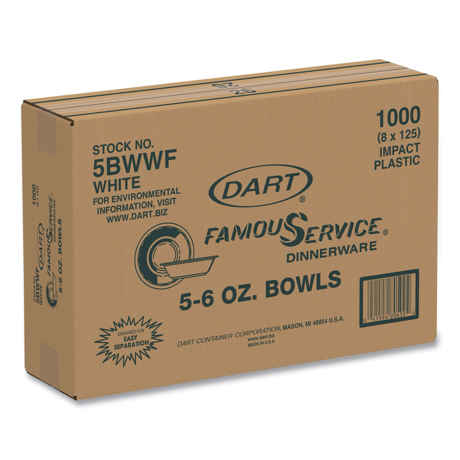 Dart Container Corporation Famous Service Plastic Dinnerware, Bowl, 12oz, White, 125/Pack, 8 Packs/Carton