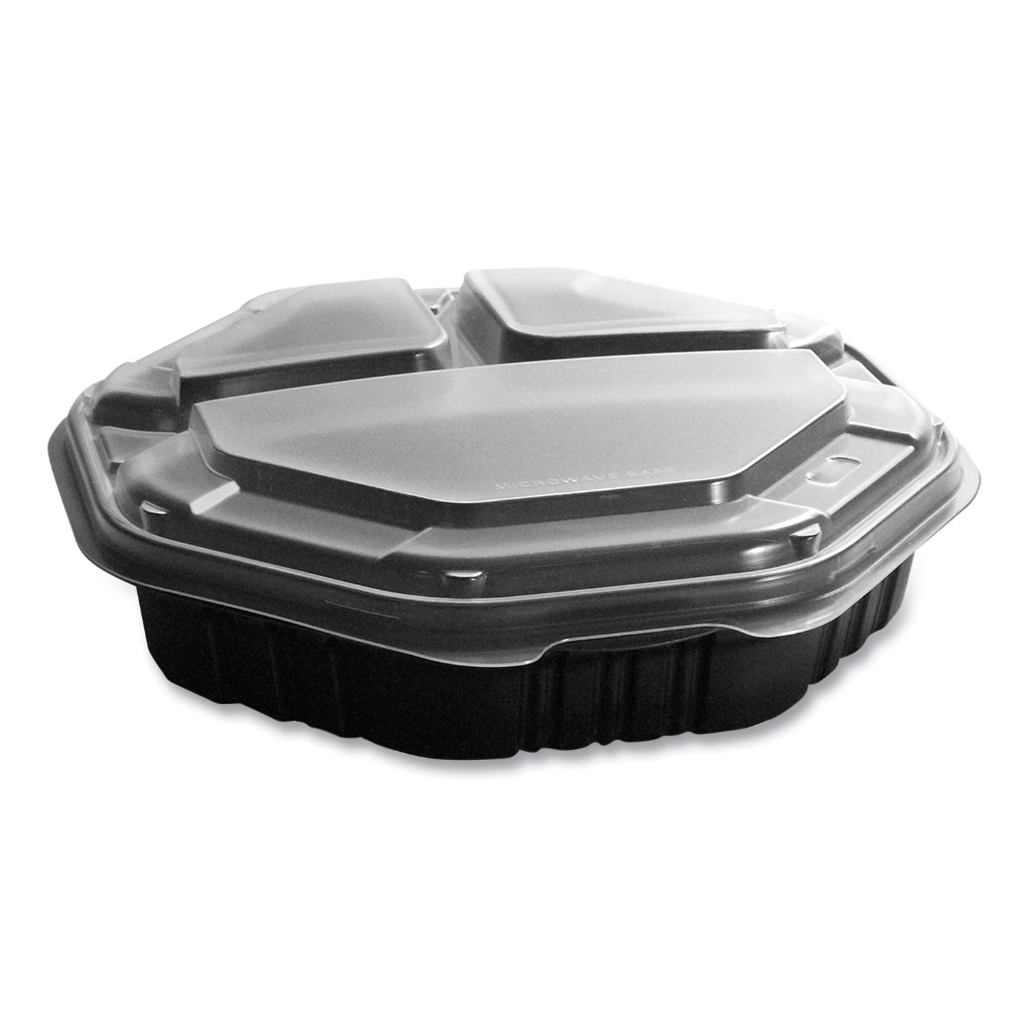 OctaView Hinged-Lid Hot Food Containers, 3-Compartment, 38 oz, 9.55 x 9.1 x 2.4, Black/Clear, Plastic, 100/Carton