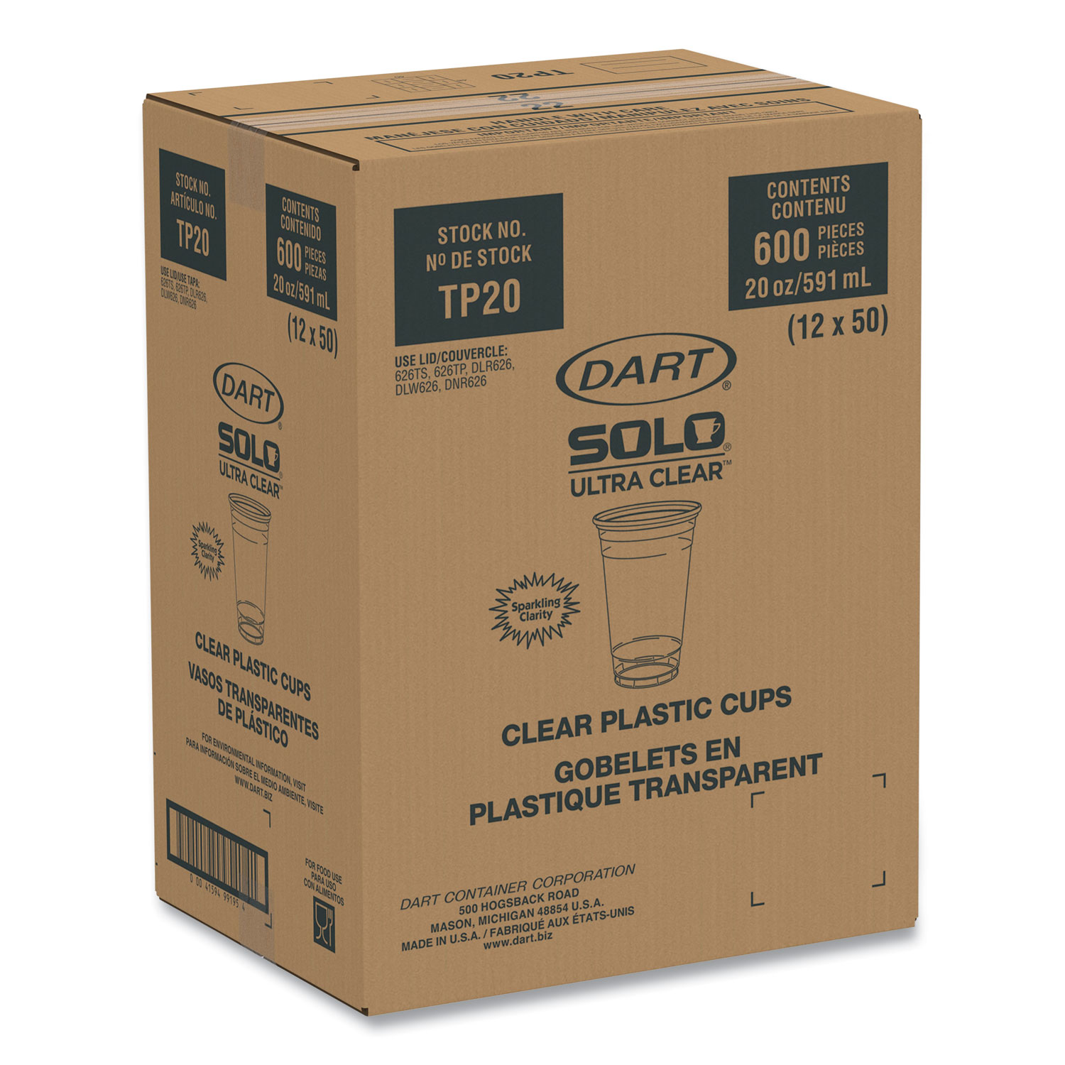 Dart Solo UltraClear TP20 20 oz. Clear PET Plastic Cold Cup - 600/Case