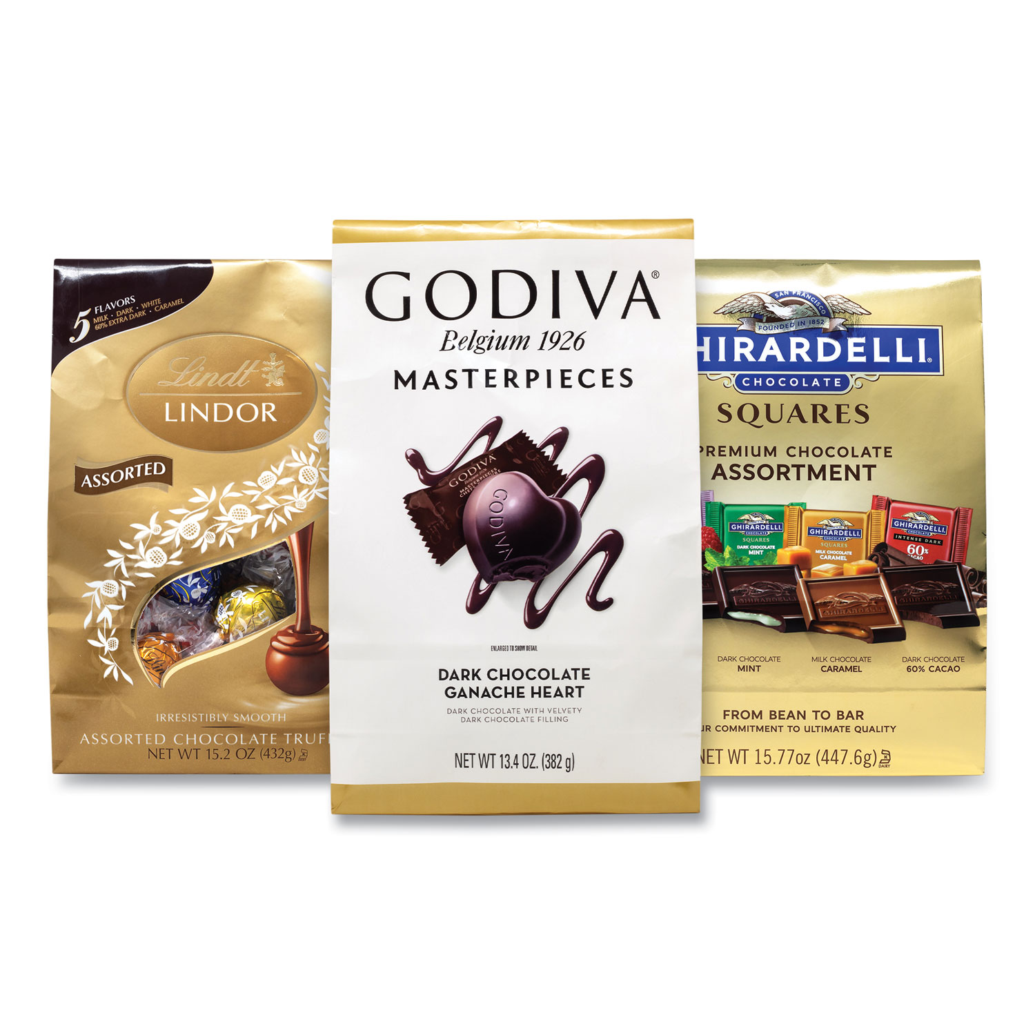 Lindt Lindor, Godiva, Ghiradelli Premium Chocolate Variety, 44.37 oz Bag, 3/Carton