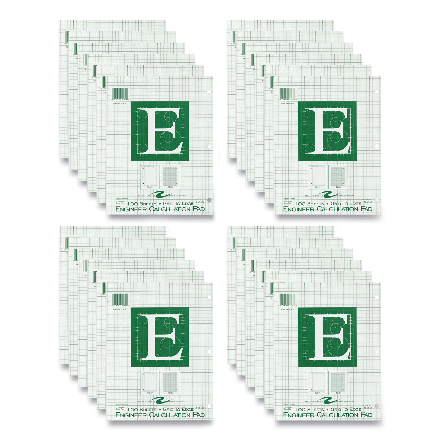 Roaring Spring® Engineer Pad, (1.25 Margin), Quad Rule (5 sq/in, 1 sq/in), 100 Light Green 8.5 x 11 Sheets/Pad, 24/Carton