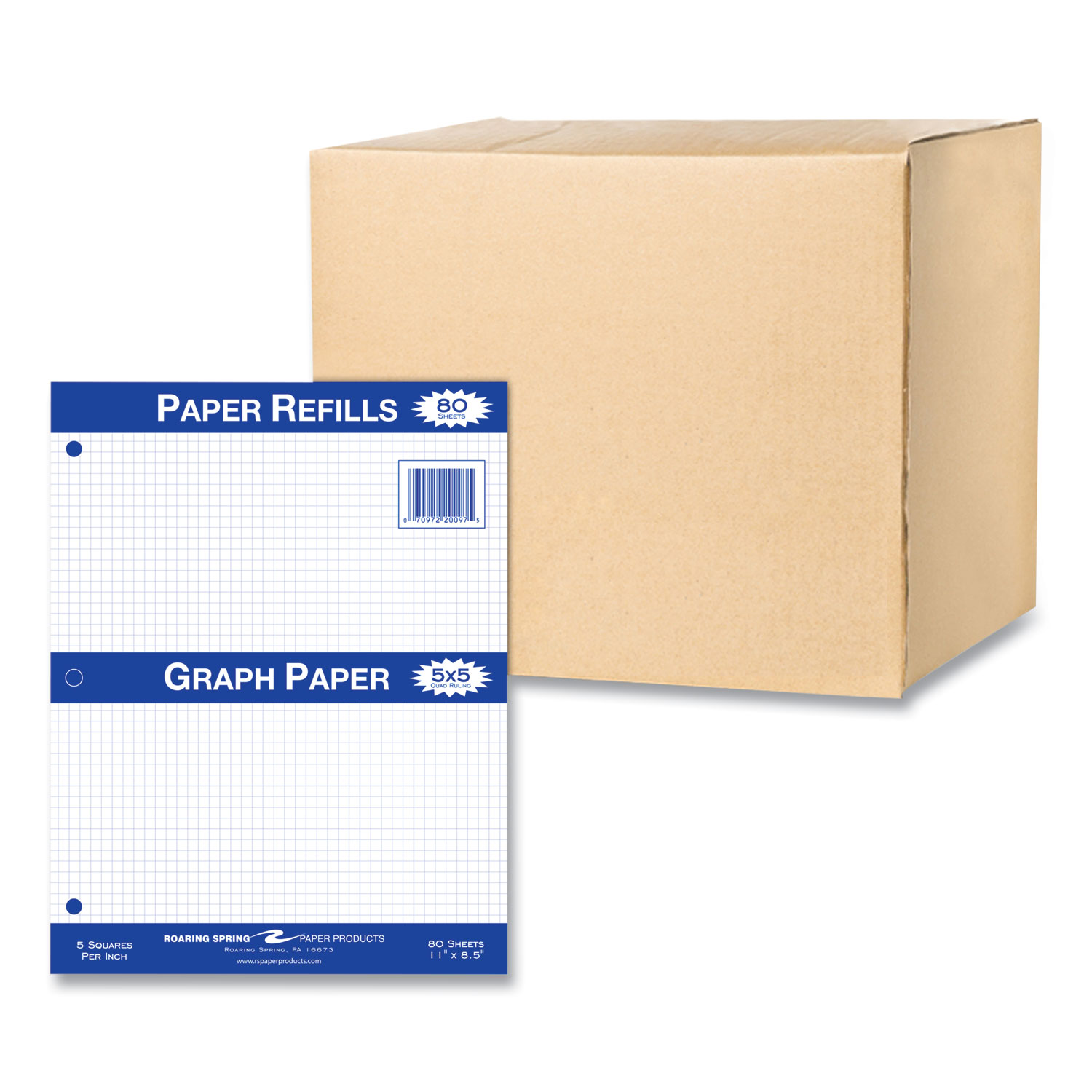 Graph Filler Paper, 3-Hole, 8.5 x 11, Quadrille: 5 sq/in, 80 Sheets/Pack, 24 Packs/Carton