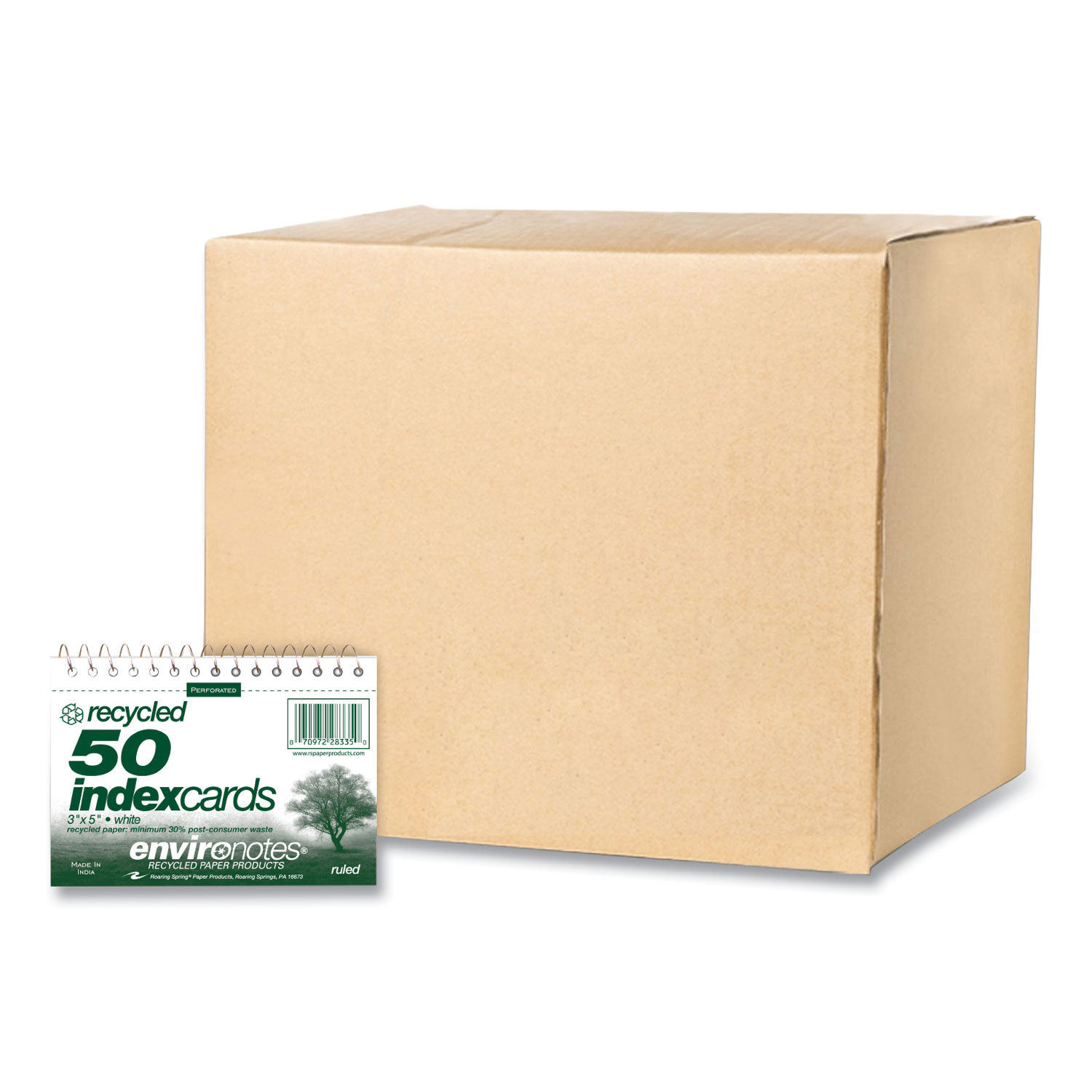 Environotes Wirebound Recycled Index Cards, Narrow Rule, 3 x 5, White, 50 Cards, 24/Carton