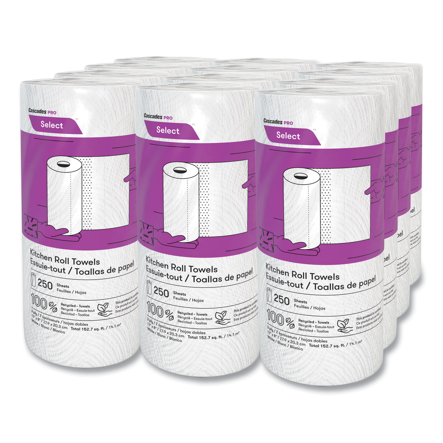 Kitchen Roll Towel, 2-Ply, 11 x 8.5, White, 250/Roll, 12 Rolls/Carton