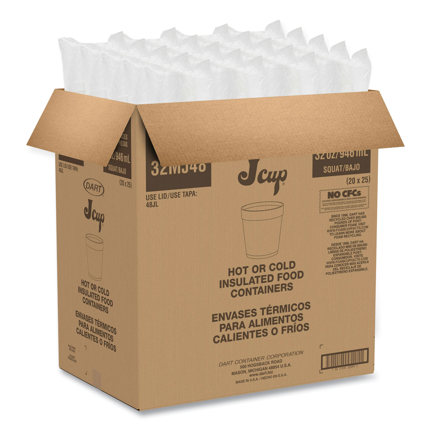 Dart Foam Containers, 32oz, White, 25/Bag, 20 Bags/Carton