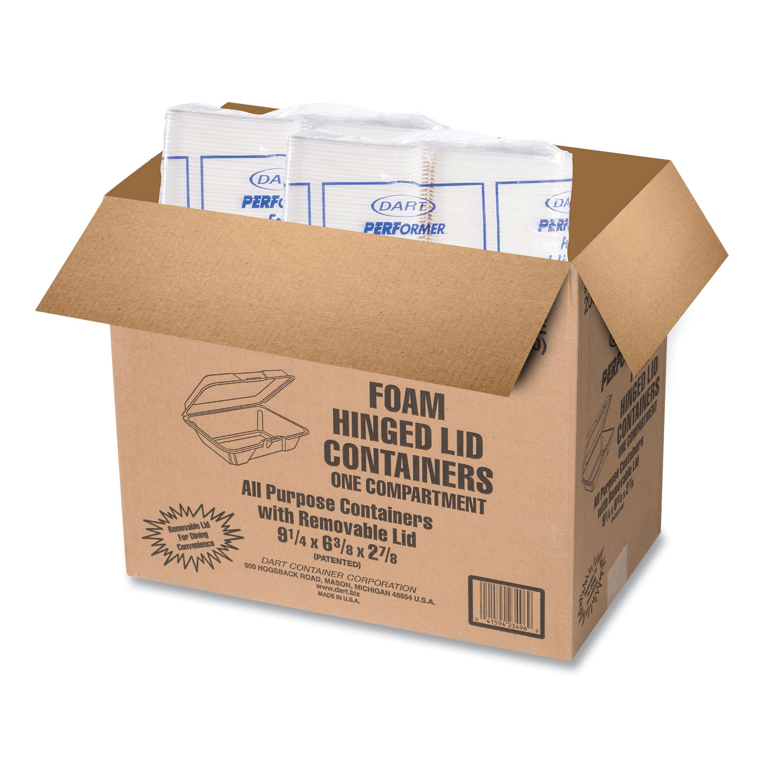 Dart Container 205HT1 Foam Hinged Lid Container 9.3 x 6.4 x 2.9, White,  Extruded Polystyrene, 1