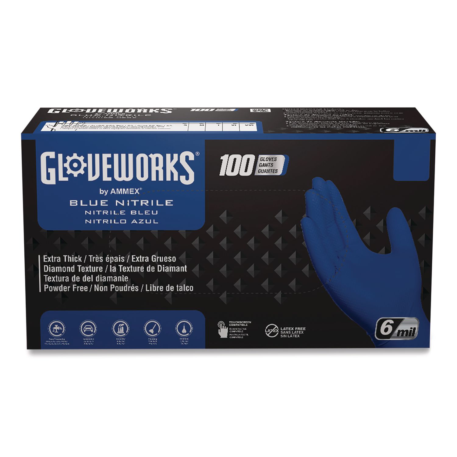 Heavy-Duty Industrial Nitrile Gloves, Powder-Free, Large, 6 mil Thick, 9.5" Long, Royal Blue, 100/Box, 10 Boxes/Carton