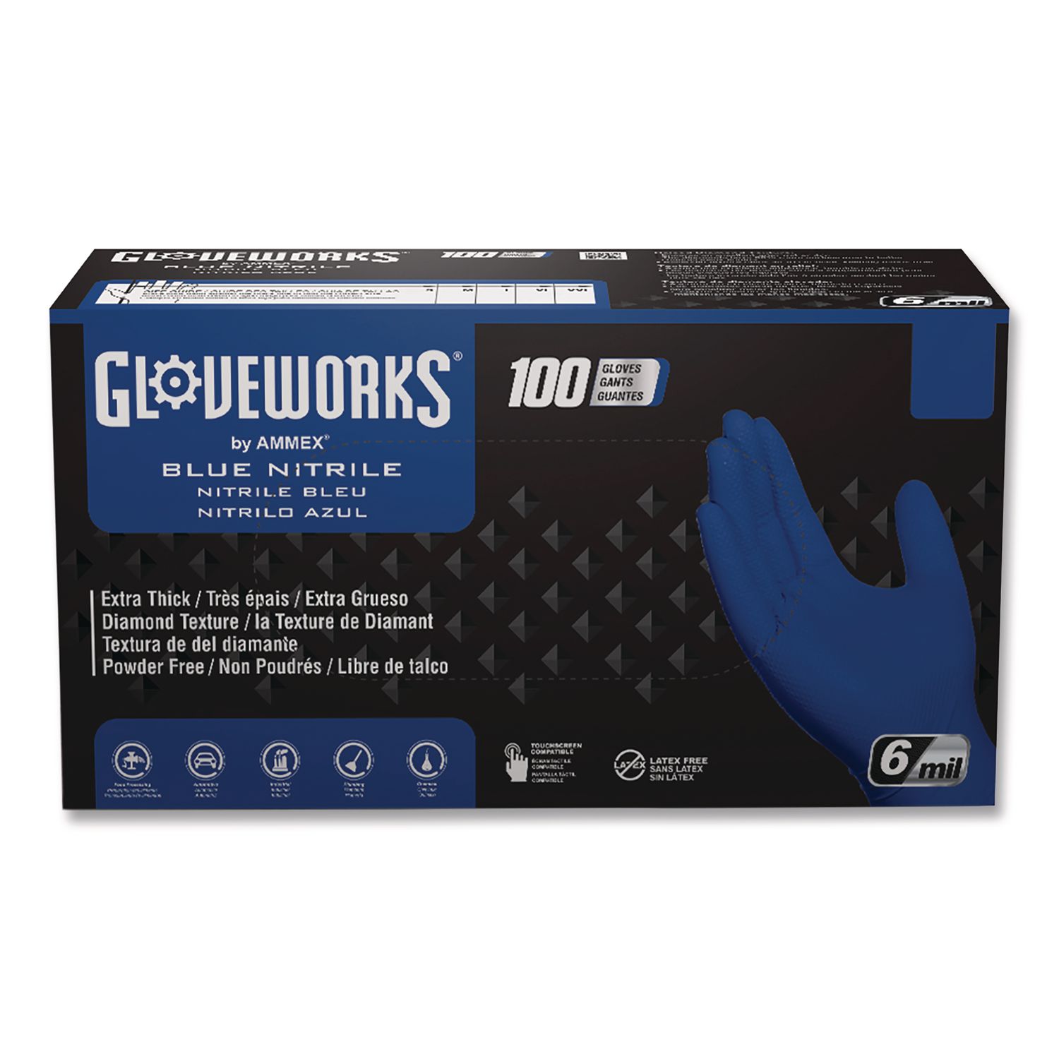 Heavy-Duty Industrial Nitrile Gloves, Powder-Free, XX-Large, 6 mil Thick, 9.5" Long, Royal Blue, 100/Box, 10 Boxes/Carton