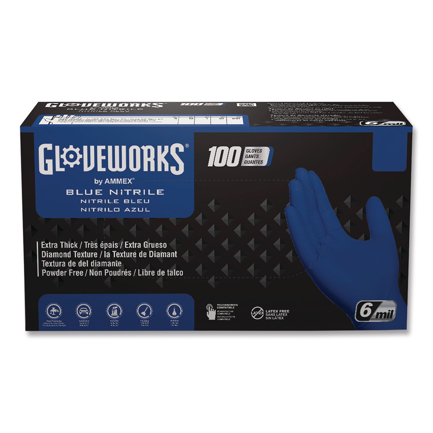 Heavy-Duty Industrial Nitrile Gloves, Powder-Free, X-Large, 6 mil Thick, 9.5" Long, Royal Blue, 100/Box, 10 Boxes/Carton