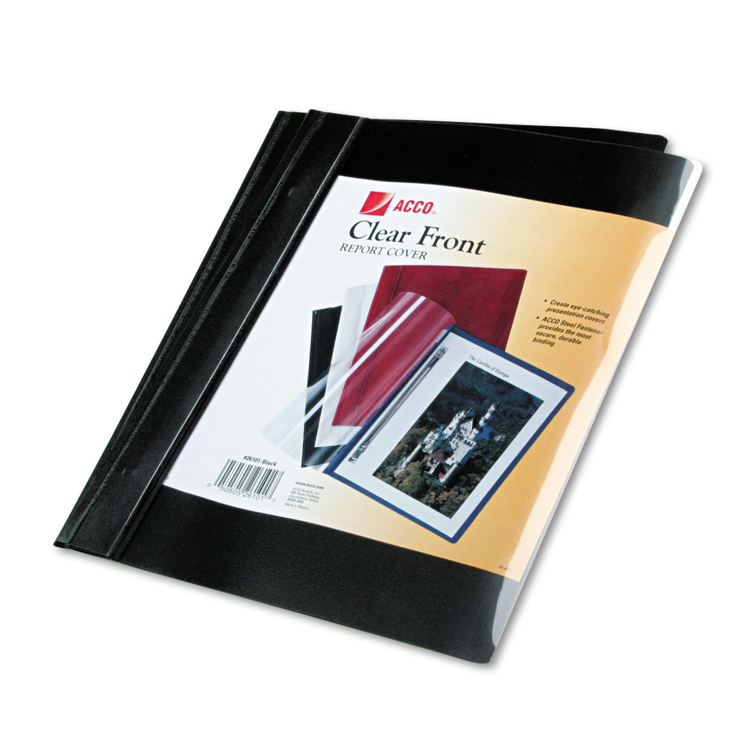 Vinyl Report Cover, Prong Clip, Ltr, 1/2Capacity, Clear Cover/Black Back, 10/PK