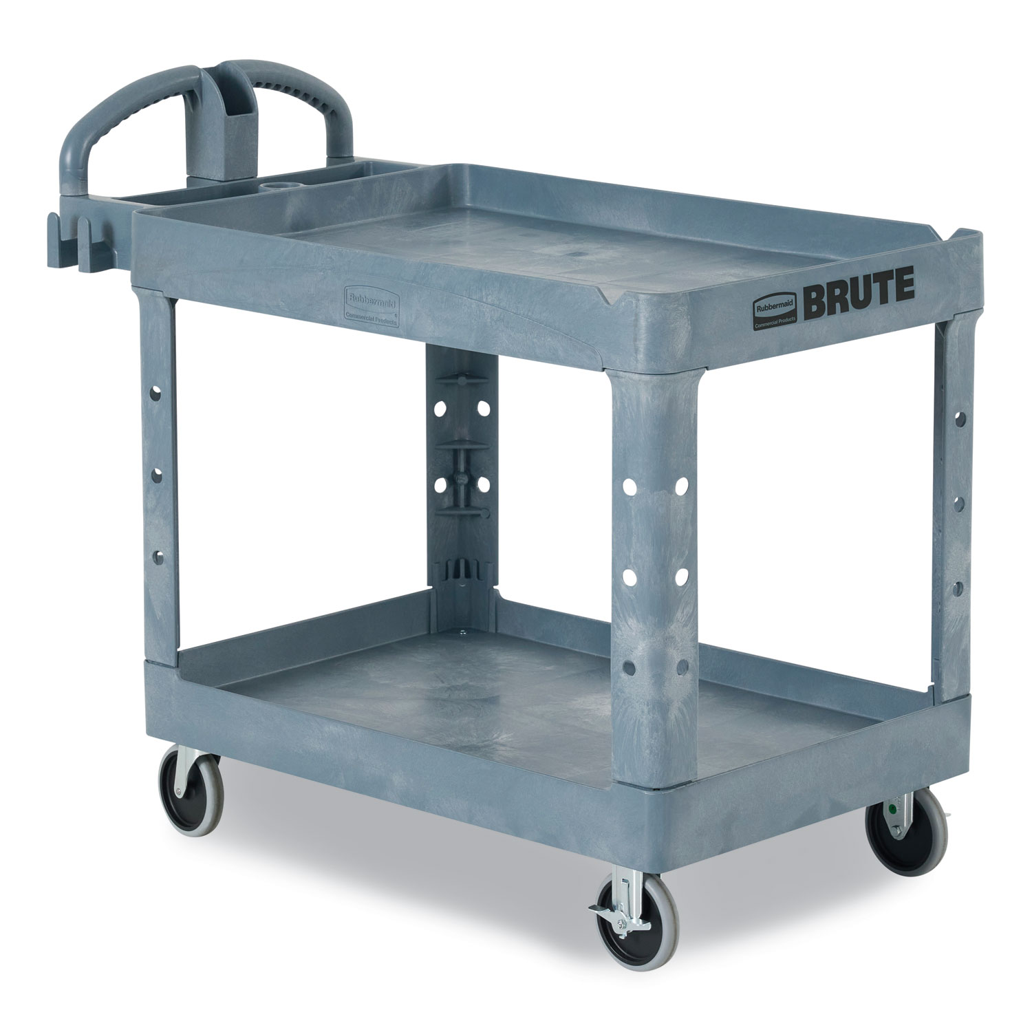 Rubbermaid® Commercial BRUTE Heavy-Duty Ergo Handle Utility Cart, Plastic, Two Shelves, 500 lb Capacity, 25.5 x 44 x 39, Gray