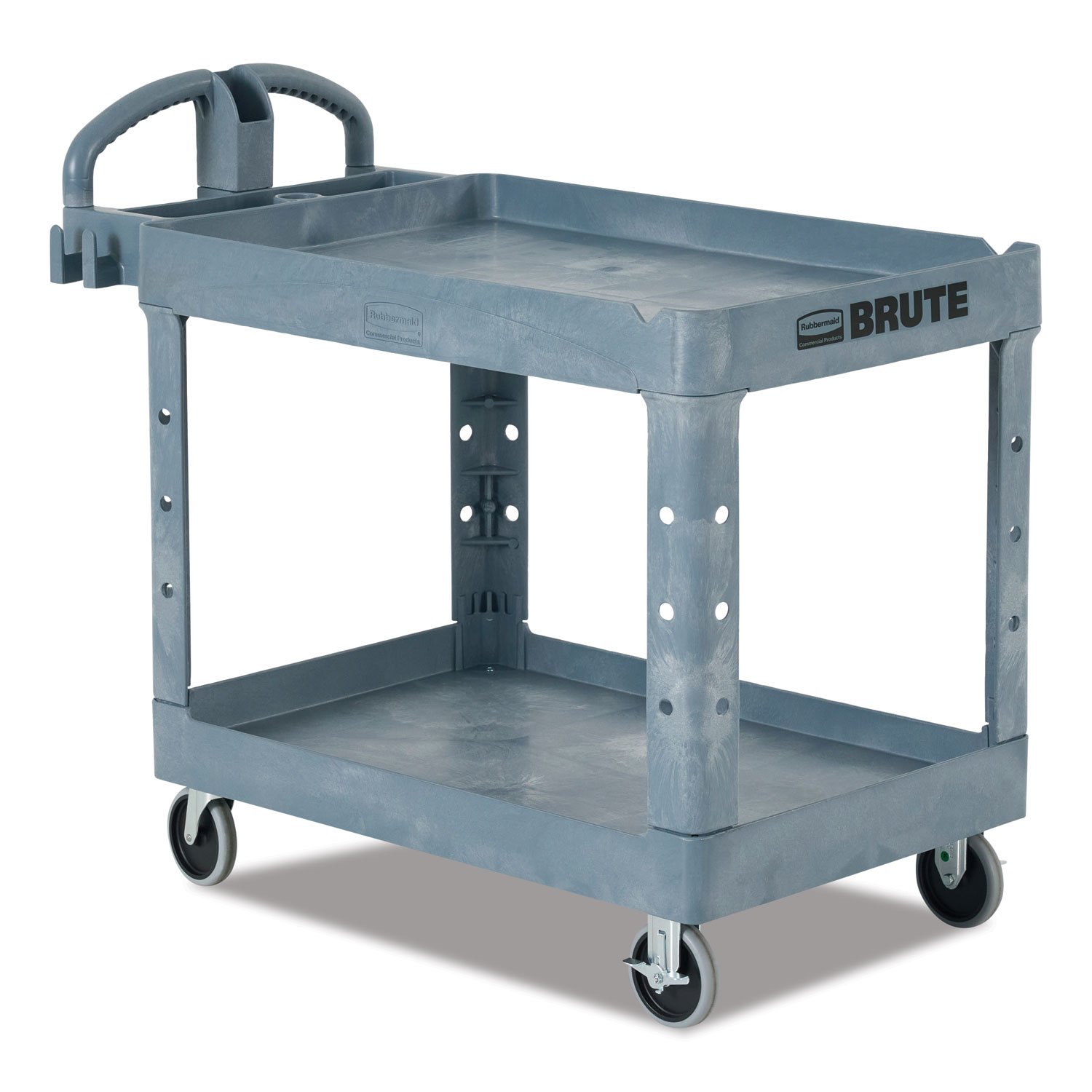 Rubbermaid® Commercial BRUTE Heavy-Duty Ergo Handle Utility Cart, Plastic, 2 Shelves, 750 lb Capacity, 26 x 55 x 33.25, Gray