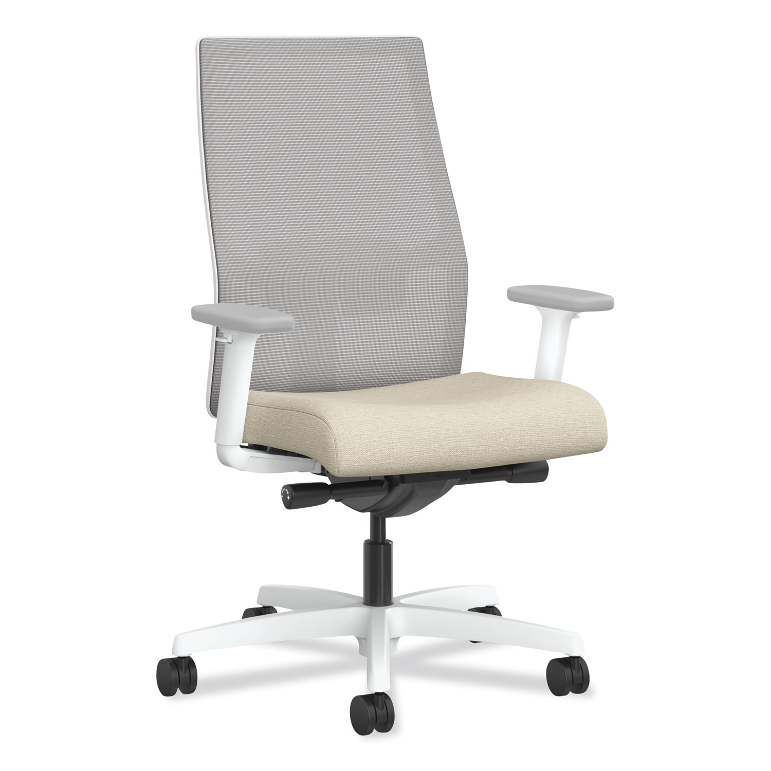 HON® Ignition 2.0 4-Way Stretch Mid-Back Task Chair, White Adjustable Lumbar Support, Biscotti Seat, Fog Back, White Base