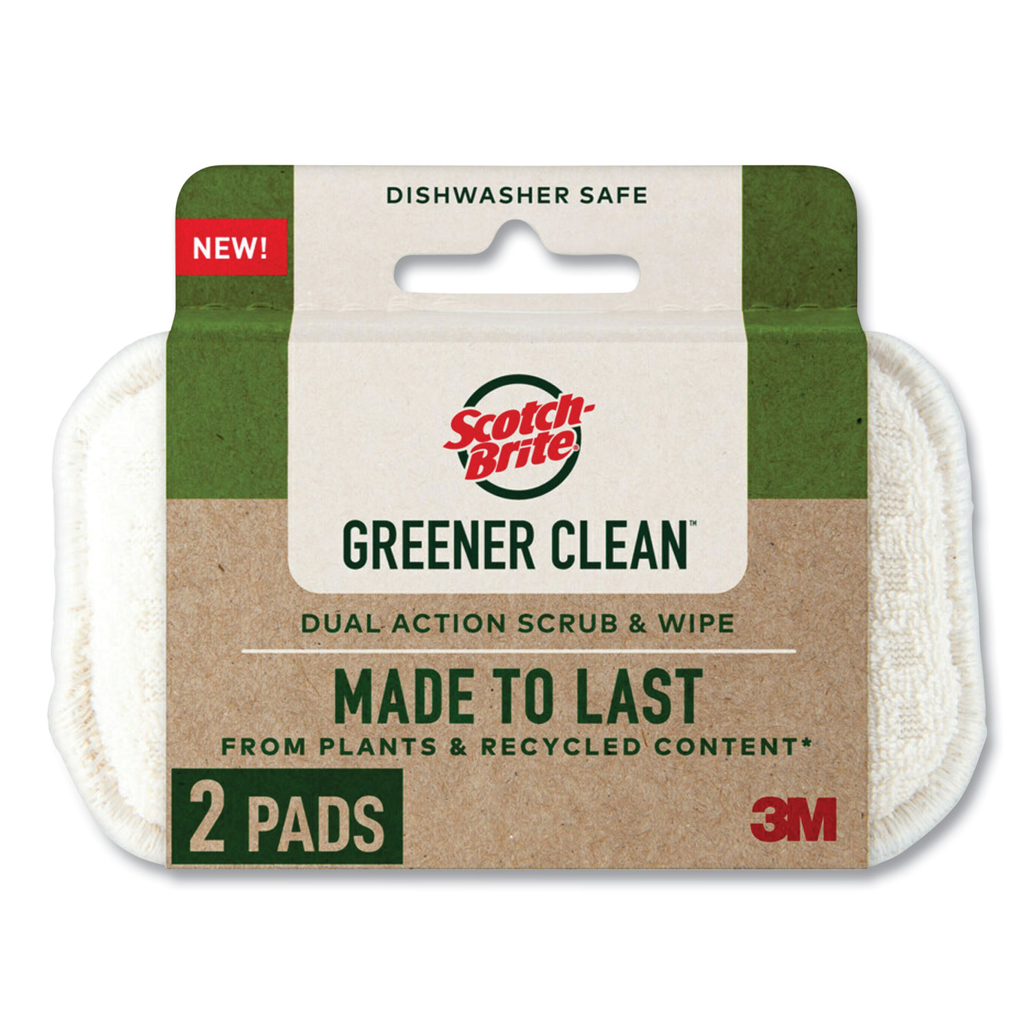 Greener Clean Dual Action Scrub and Wipe, 2.8 x 4.7, 0.7″ Thick, White, 2/Pack