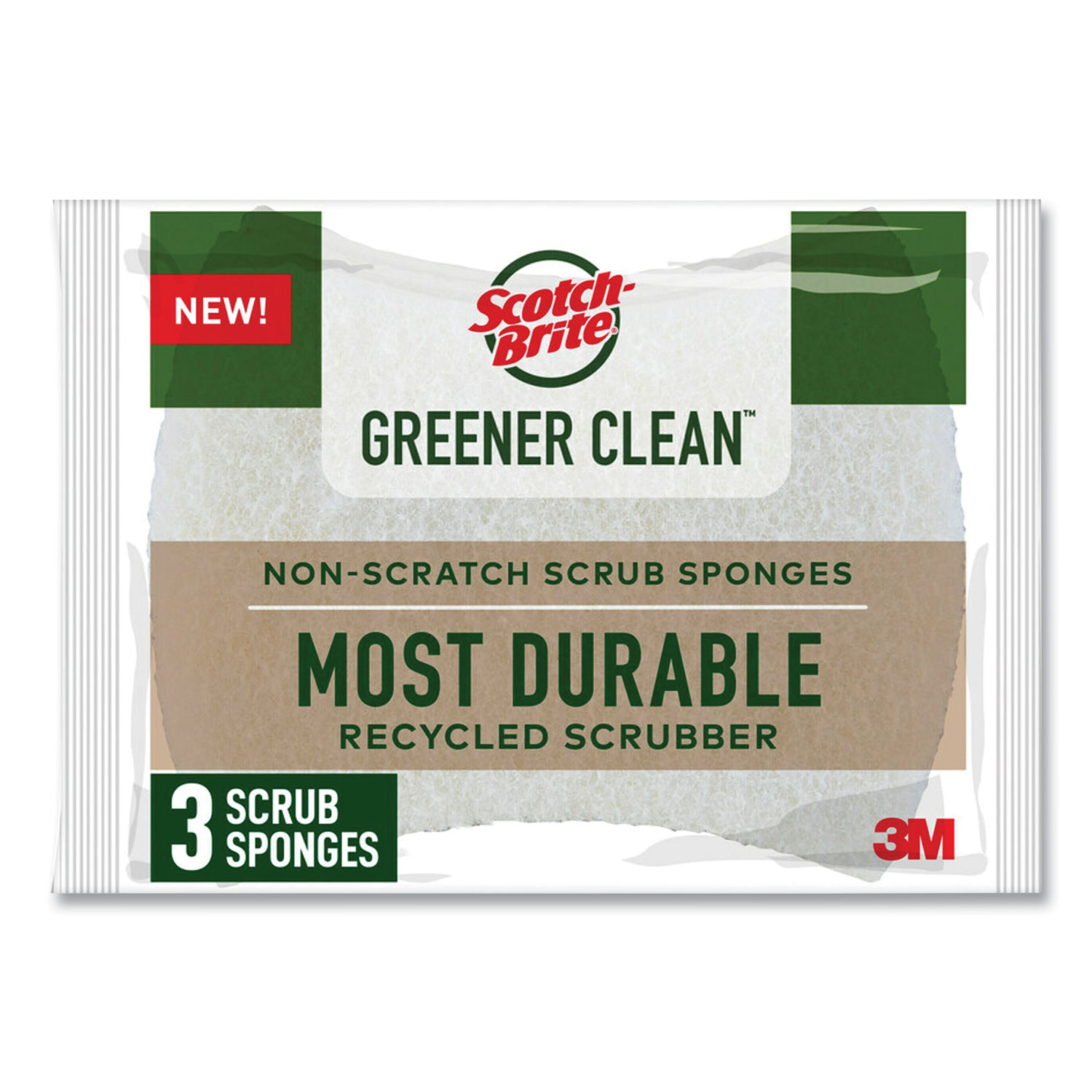 Greener Clean Non-Scratch Scrub Sponge, 2.6 x 3.3, 0.7″ Thick, White, 3/Pack