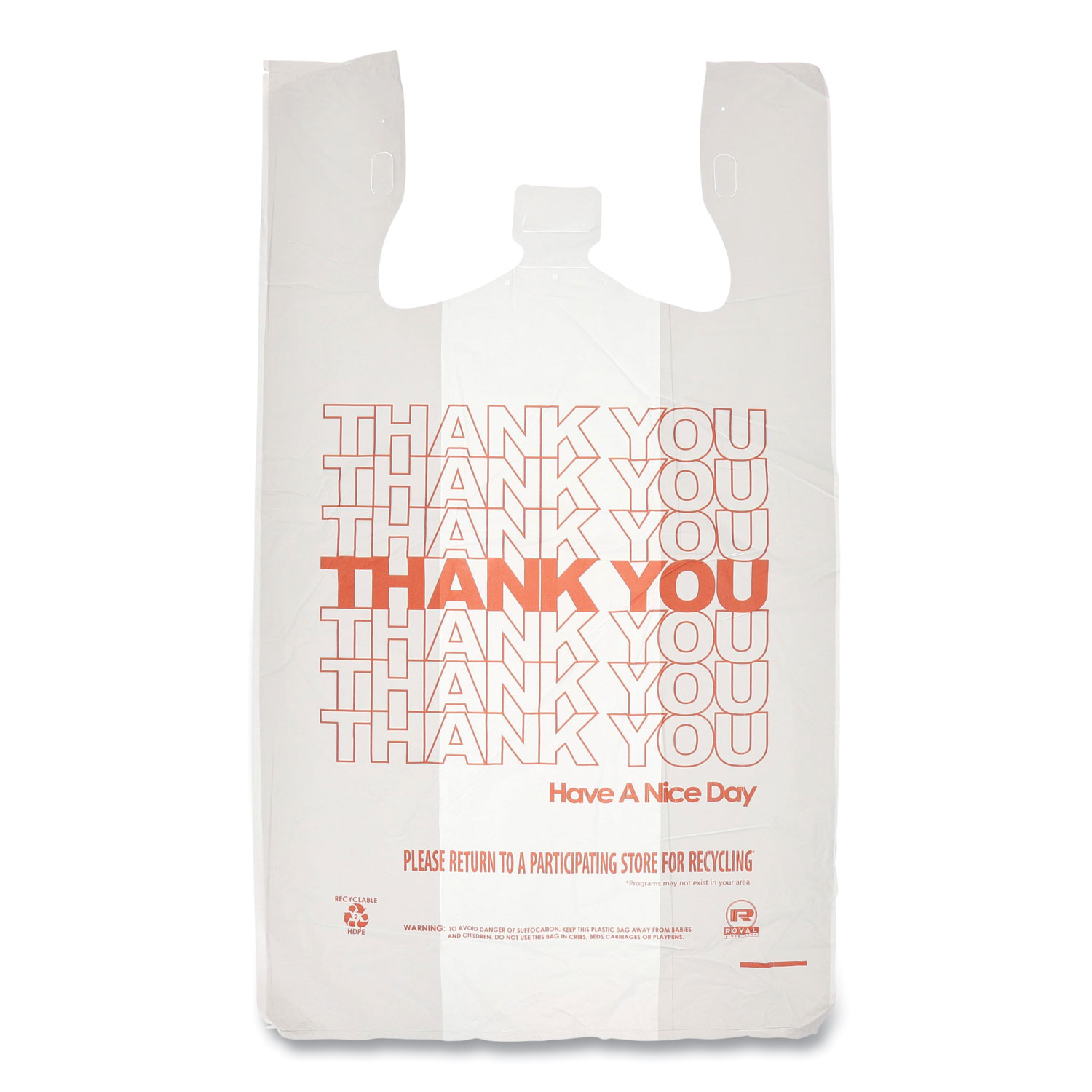 Thank You Bags, Thank You – Have a Nice Day Labeling, Cut-Out Handles, 13″ x 23″ x 23″, White/Red, 1,000/Carton