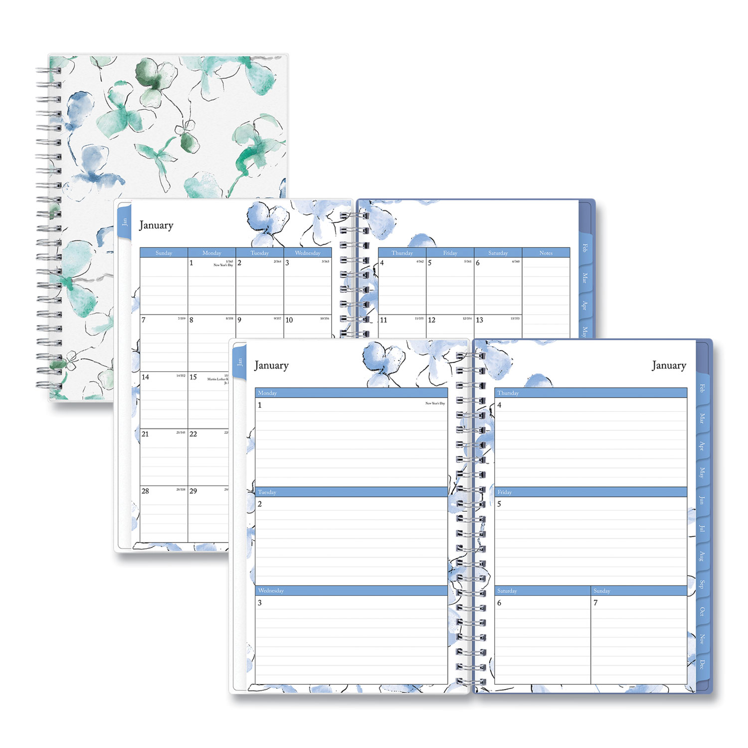 Lindley Weekly/Monthly Planner, Lindley Floral Artwork, 8 x 5, White/Blue/Green Cover, 12-Month (Jan to Dec): 2024