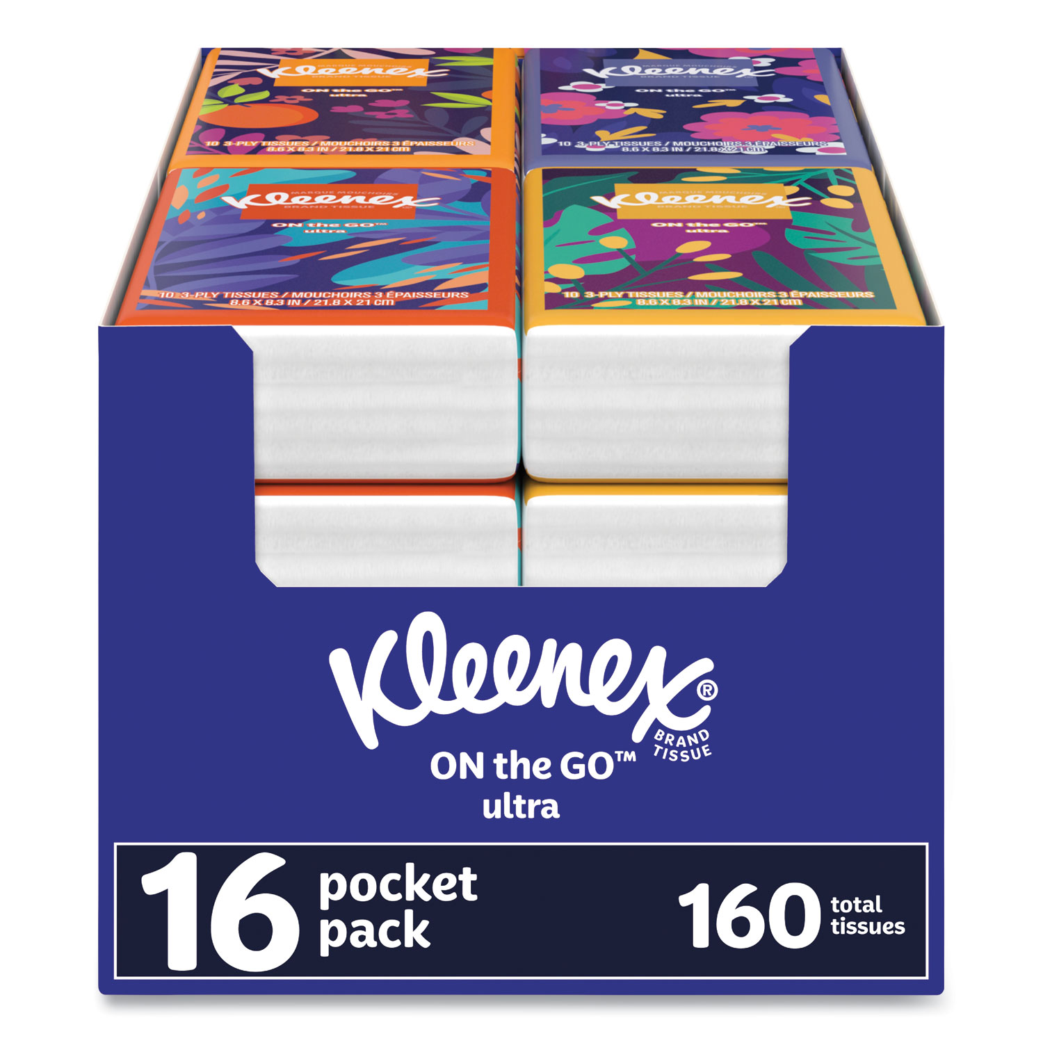 On The Go Packs Facial Tissues, 3-Ply, White, 10/Pouch, 16 Pouches/Pack, 6 Packs/Carton