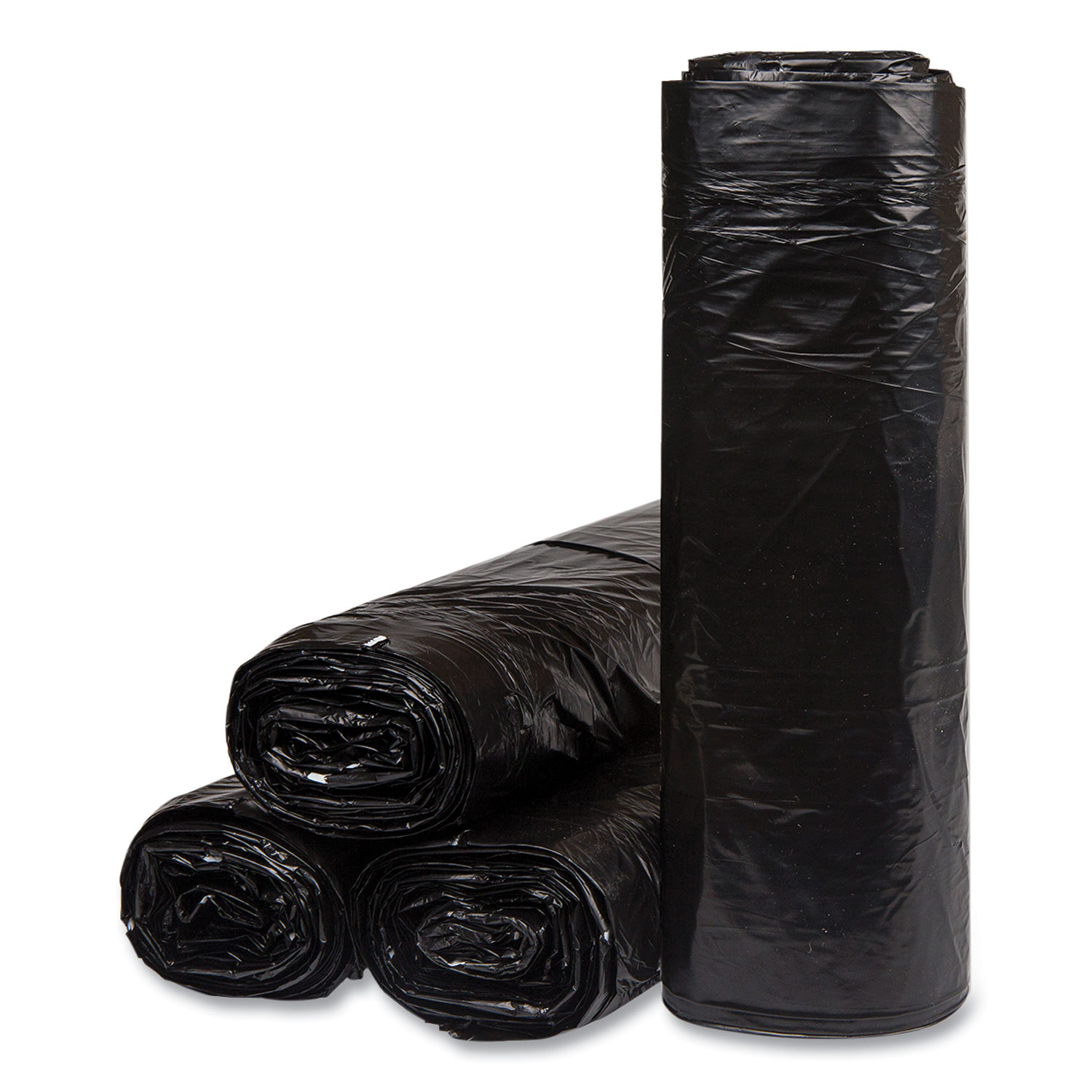 Low-Density Commercial Can Liners, 60 gal, 1.2 mil, 38″ x 58″, Black, Interleaved Roll, 10 Bags/Roll, 10 Rolls/Carton