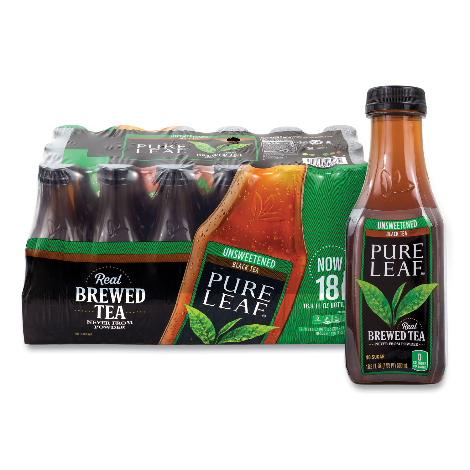 Pure Leaf Unsweetened Iced Black Tea, 16.9 oz Bottle, 18/Carton