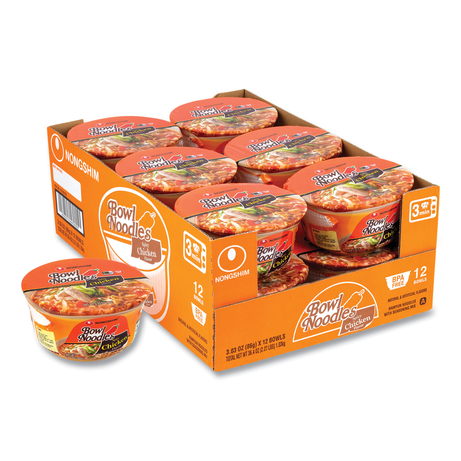 NONGSHIM® Spicy Chicken Bowl Noodle Soup, Chicken, 3.03 oz Cup, 12/Carton