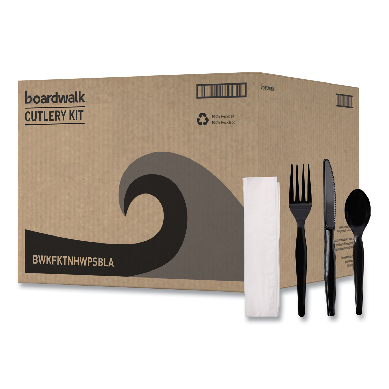 Four-Piece Cutlery Kit, Fork/Knife/Napkin/Teaspoon, Heavyweight, Black, 250/Carton