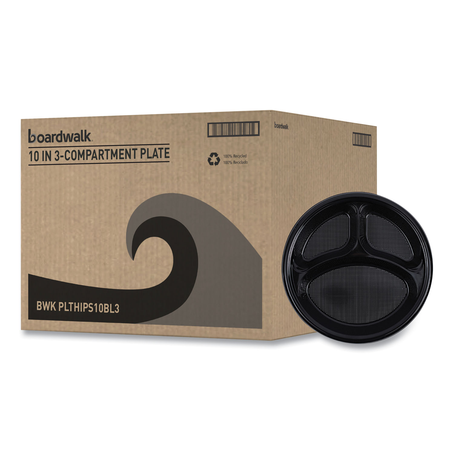 Hi-Impact Plastic Dinnerware, 3-Compartment Plate, 10" dia, Black, 125/Sleeve, 4 Sleeves/Carton