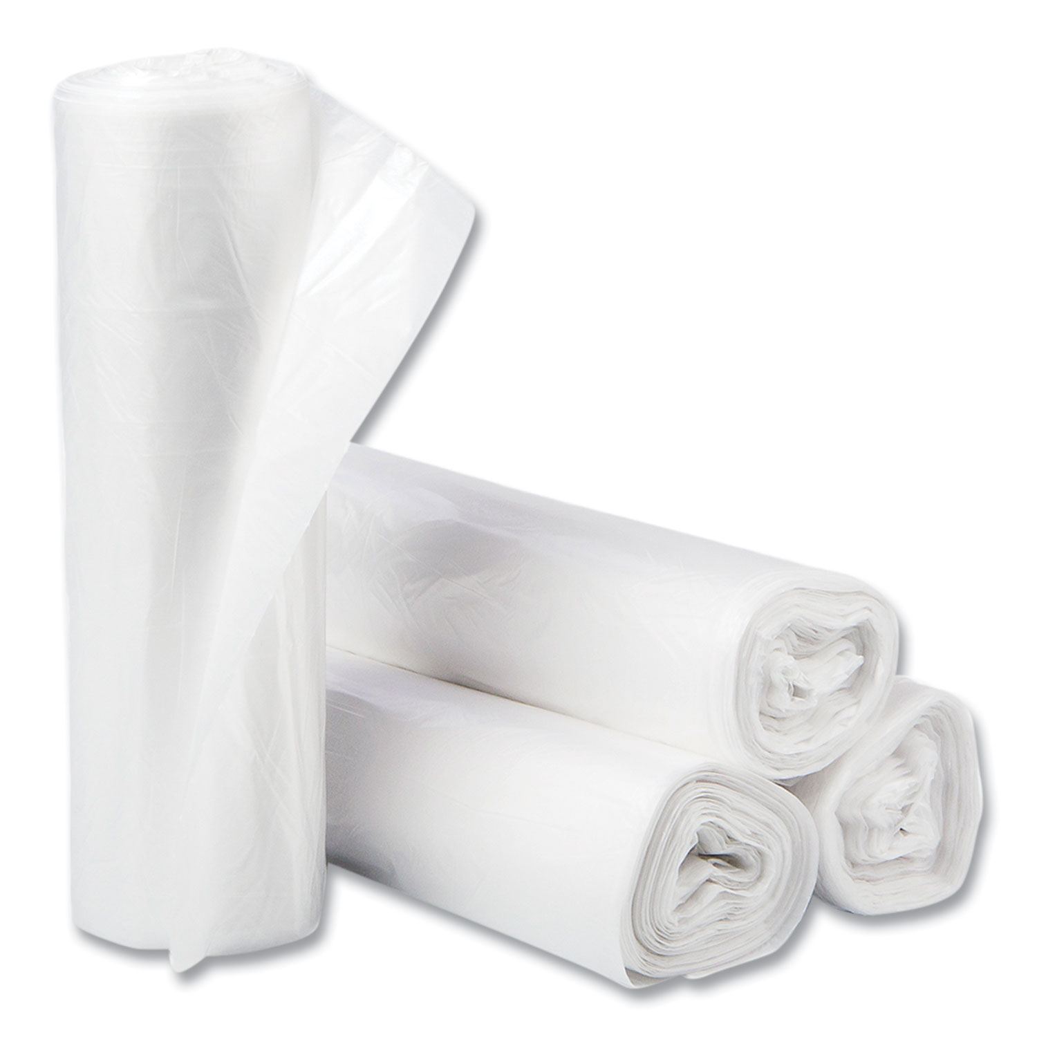 High-Density Commercial Can Liners, 30 gal, 10 mic, 30″ x 37″, Clear, Interleaved Roll, 25 Bags/Roll, 20 Rolls/Carton