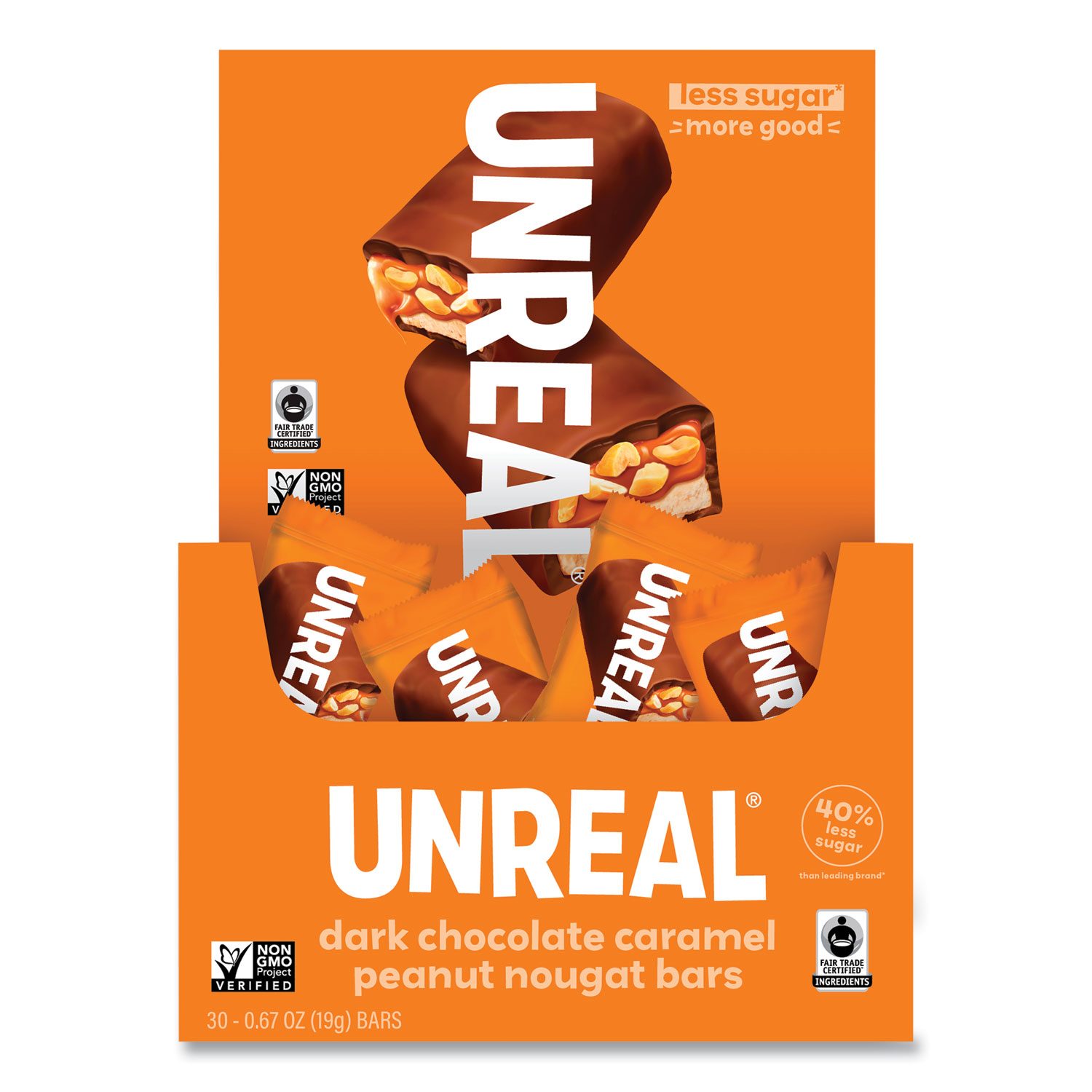 UNREAL® Dark Chocolate Caramel Peanut Nougat Bars, 0.67 oz Individually Wrapped, 40/Pack