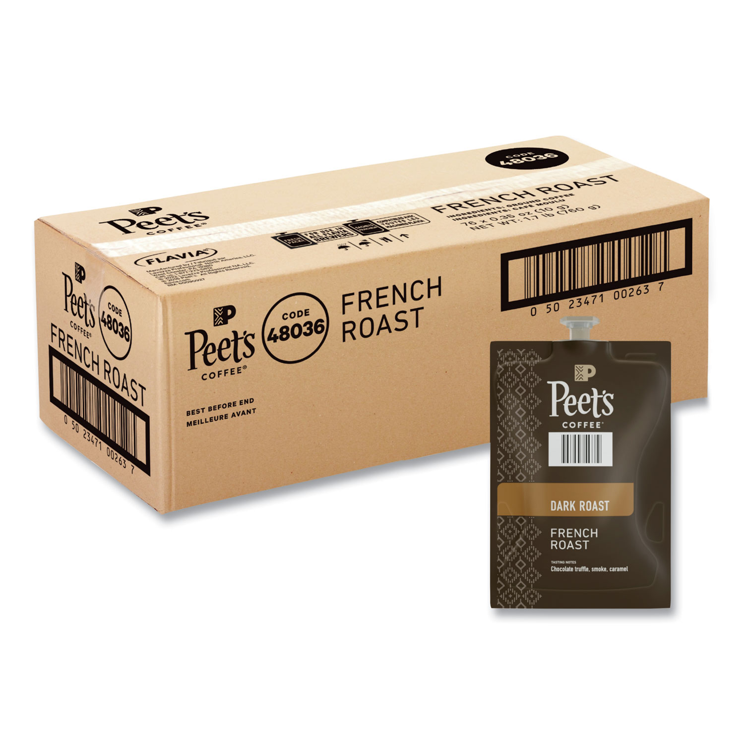 Peet’s French Roast Coffee Freshpack, French Roast, 0.35 oz Pouch, 76/Carton