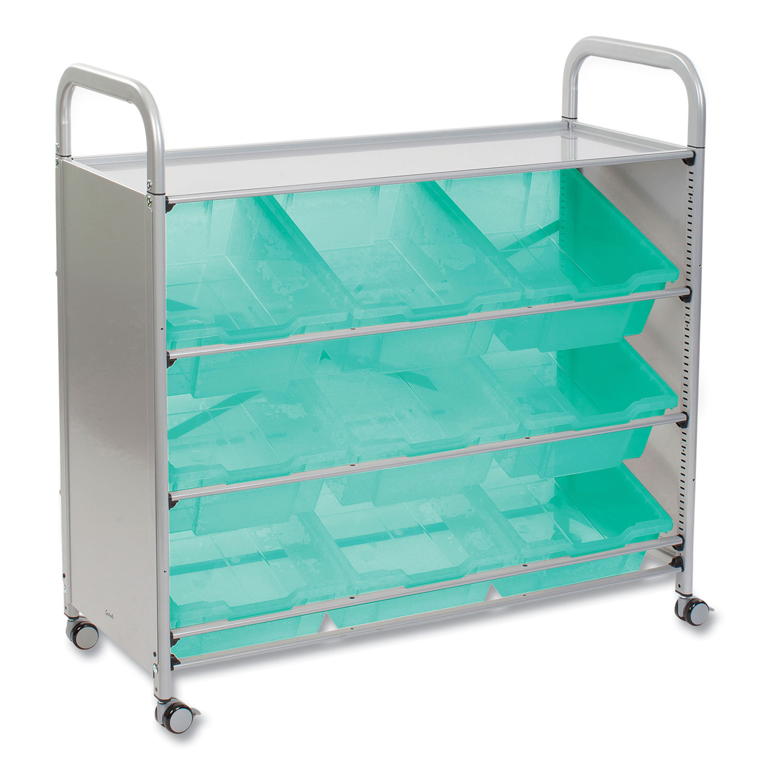 Callero Tilted Tray Trolley Set 01, Antimicrobial, Metal, 9 F2 Deep Bins, 40.6″ x 17.3″ x 41.5″, Silver/Translucent Kiwi