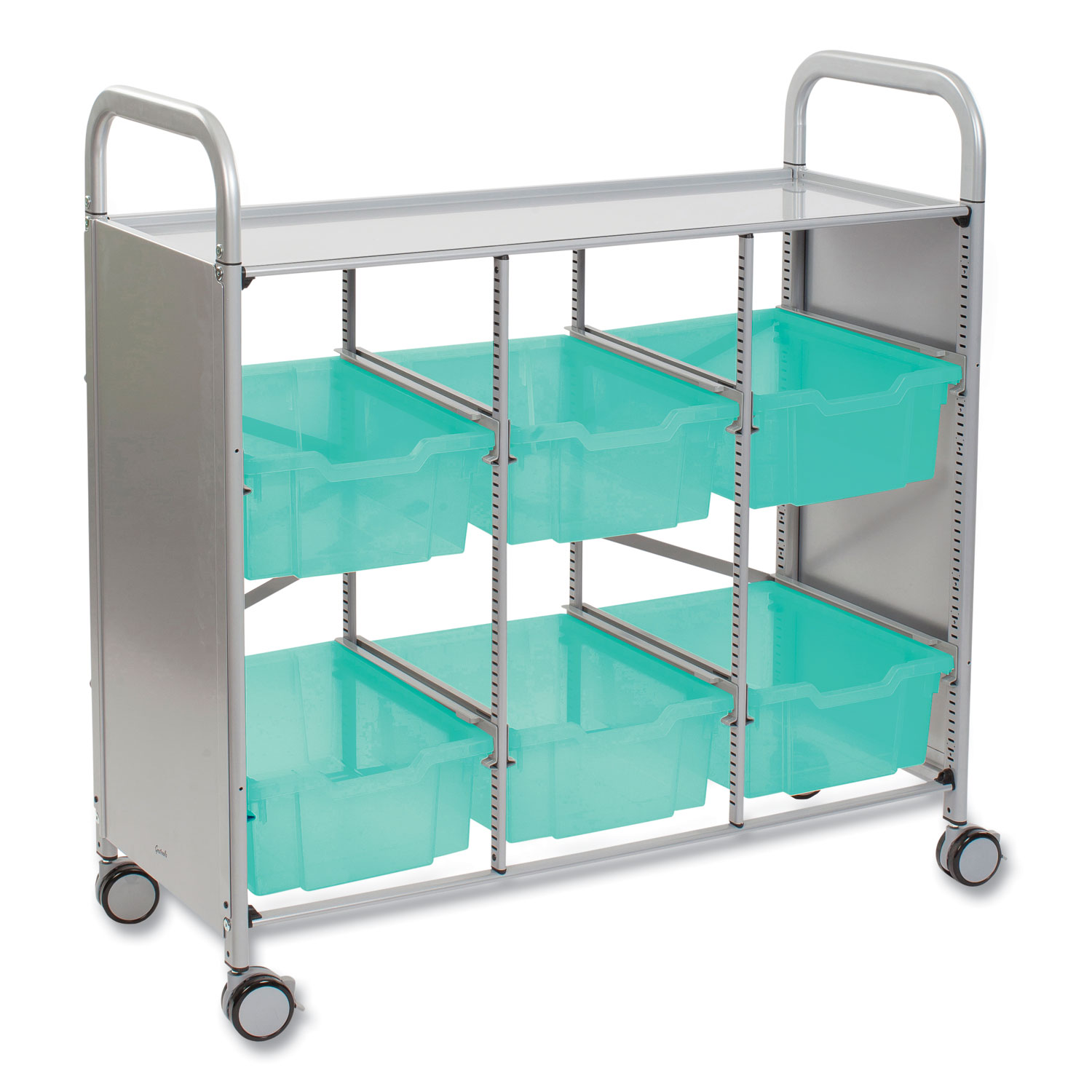 Callero Plus 3-Column Trolley Set 16, Antimicrobial, Metal, 6 F2 Deep Bins, 40.6″ x 17.3″ x 41.5″, Silver/Translucent Kiwi