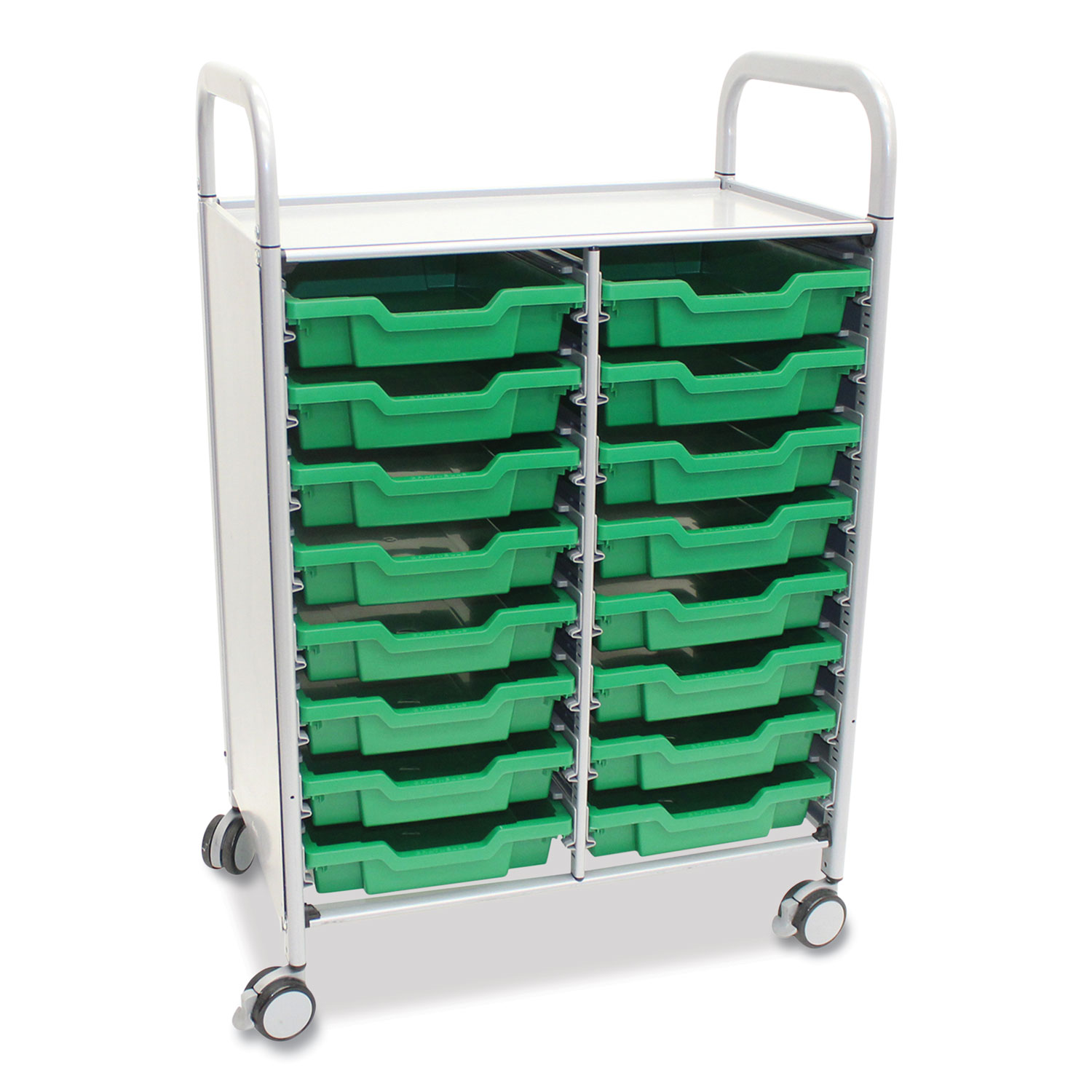 Callero Plus Double Column Trolley Set 05, Metal, 1 Shelf, 16 F1 Shallow Bins, 27.4″ x 17.3″ x 41.5″, Silver/Grass Green