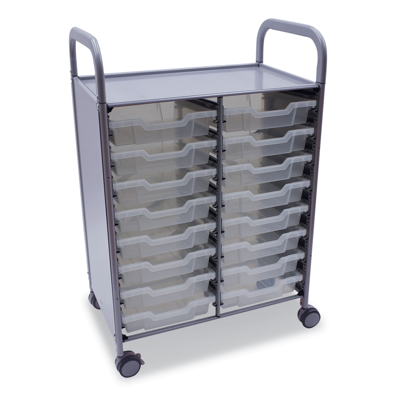 Callero Plus Double Column Trolley Set 5, Metal, 1 Shelf, 16 F1 Shallow Bins, 27.4″ x 17.3″ x 41.5″, Silver/Translucent Frost