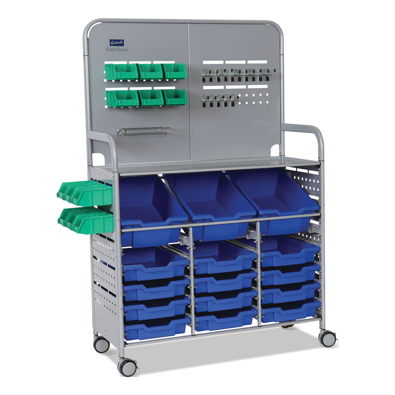 Callero MakerSpace Trolley Set 01, Metal, 1 Shelf, 12 F1 Bins, 3 F2 Bins, 42.9″ x 17.3″ x 61.8″, Silver/Royal Blue